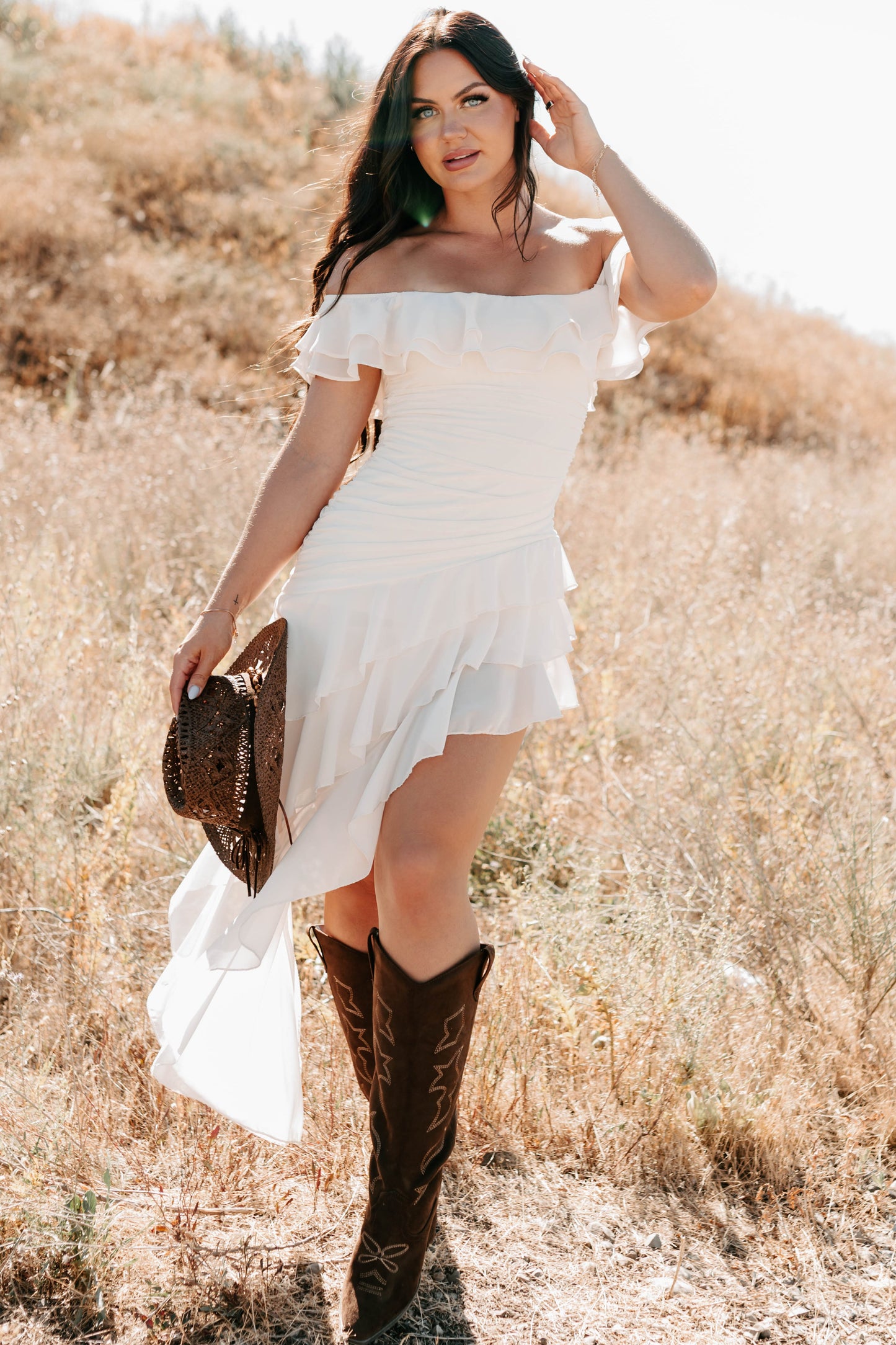 Perfectly Peachy Off The Shoulder Mini Dress (Ivory)