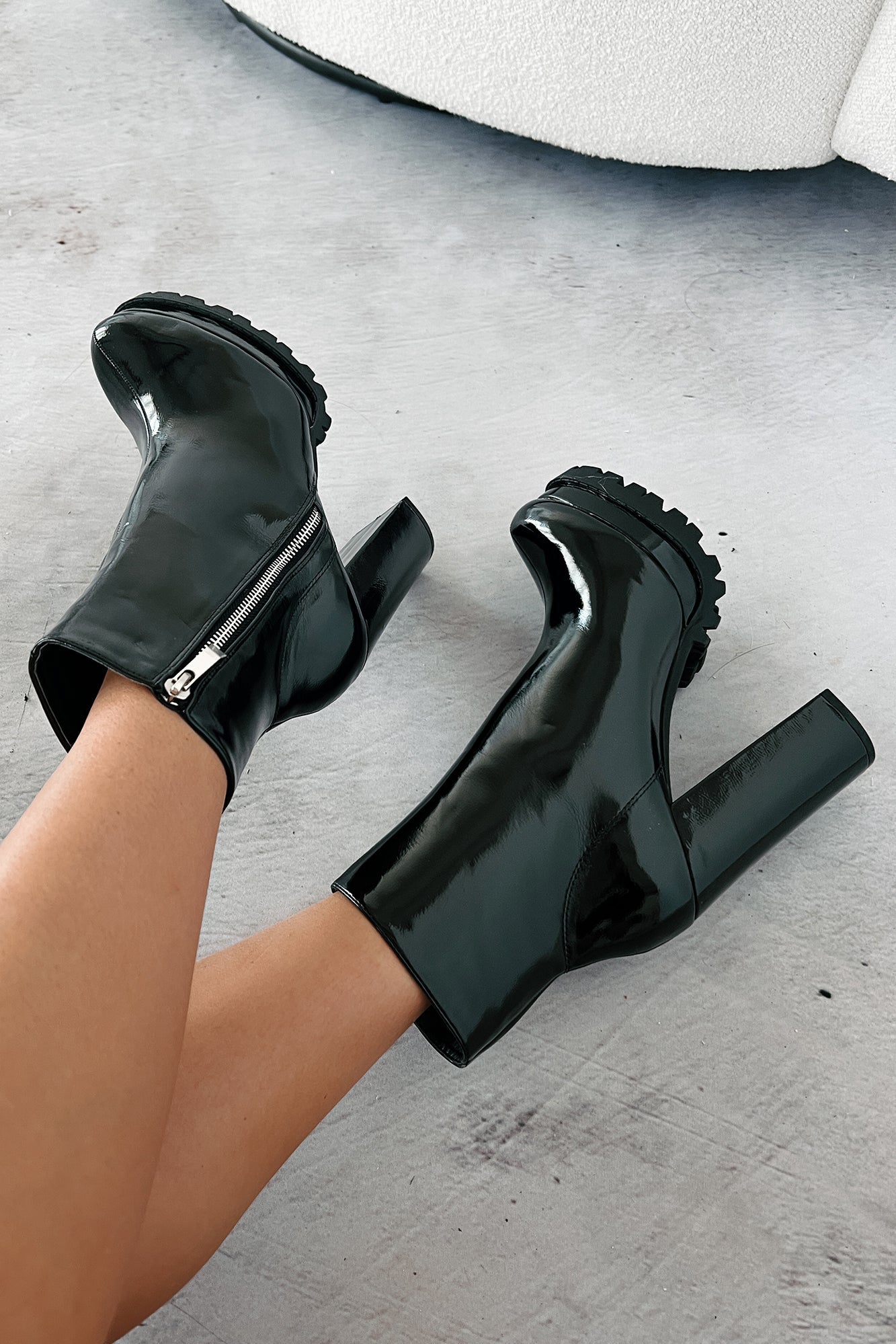 Tall Task Patent Leather Platform Booties (Black)