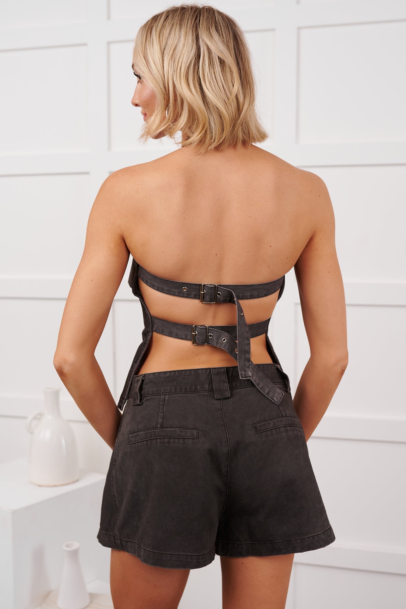 Sharp Eye Denim Halter Top Mini Skort Set (Black)