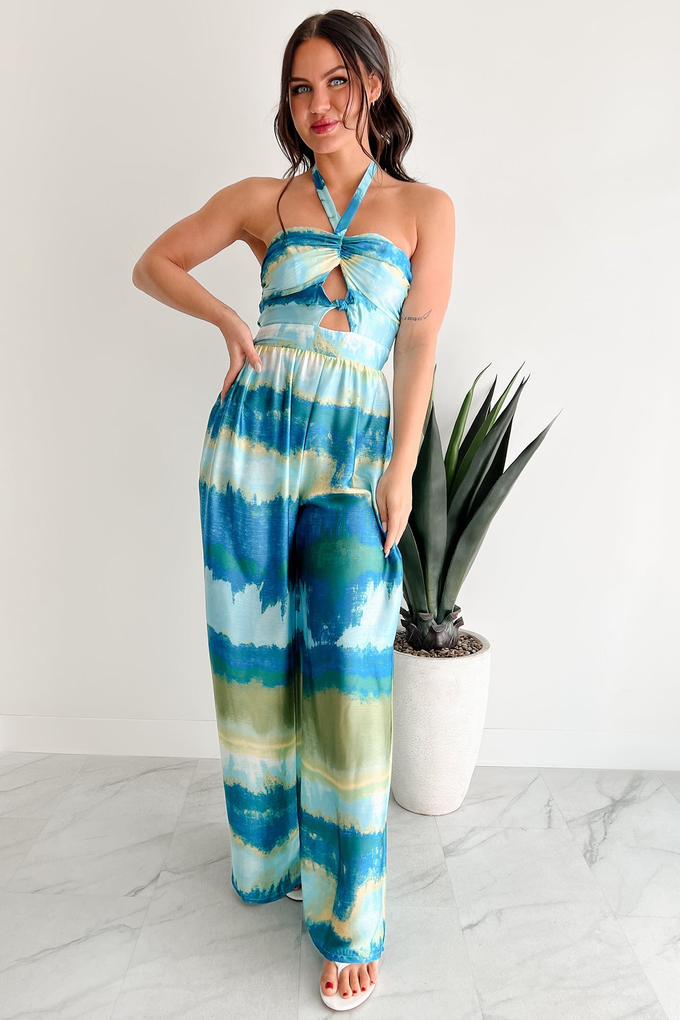 Sunshine & Seaside Halter Wide Leg Jumpsuit (Blue)