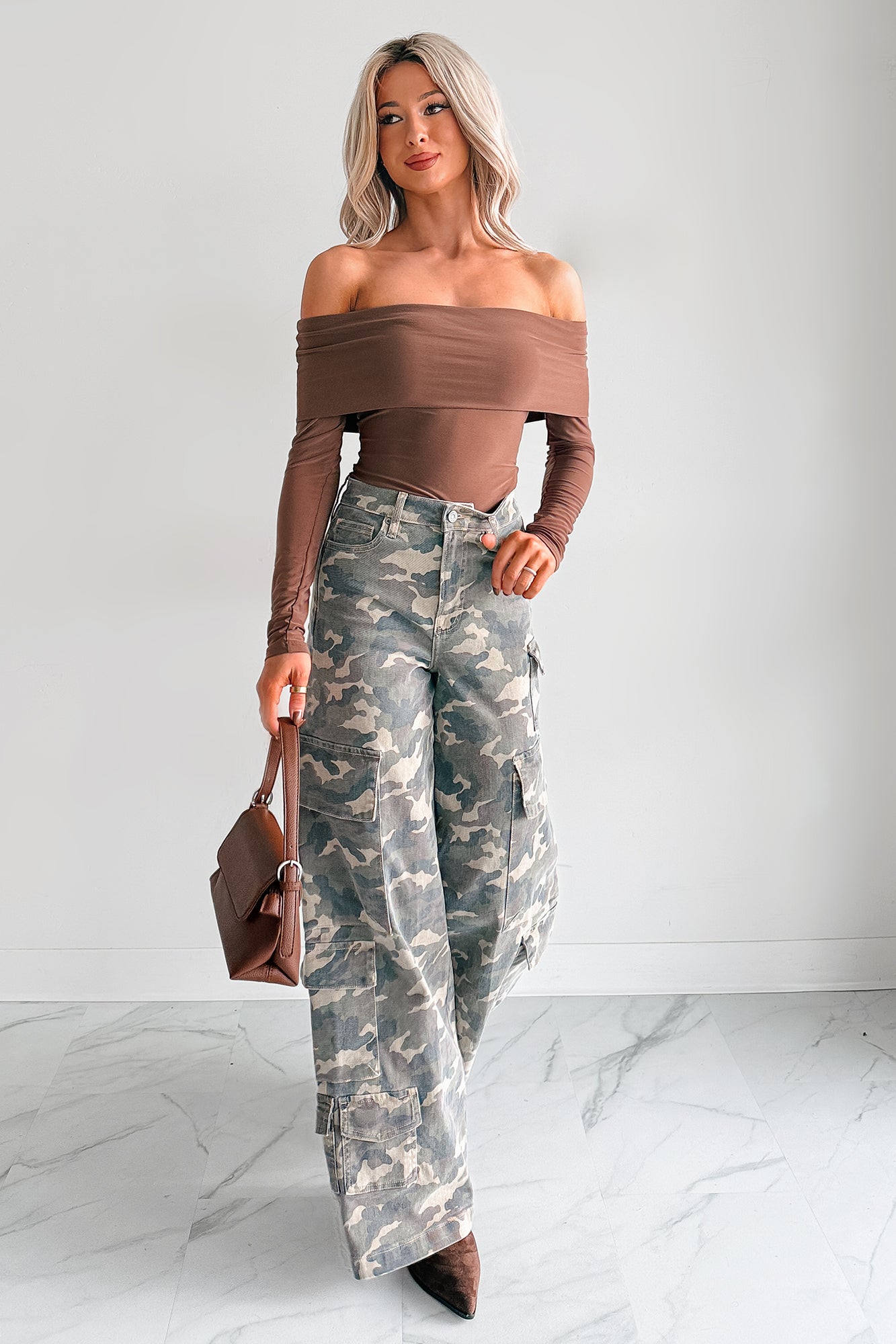 Play Your Game Off-The Shoulder Top (Brown)