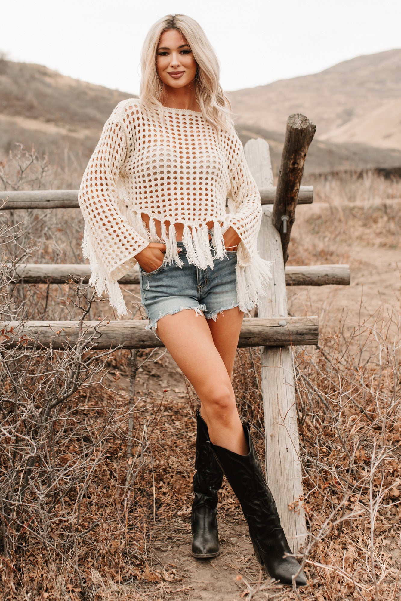 Open Skies Boatneck Crochet Sweater Fringe Top (Cream)