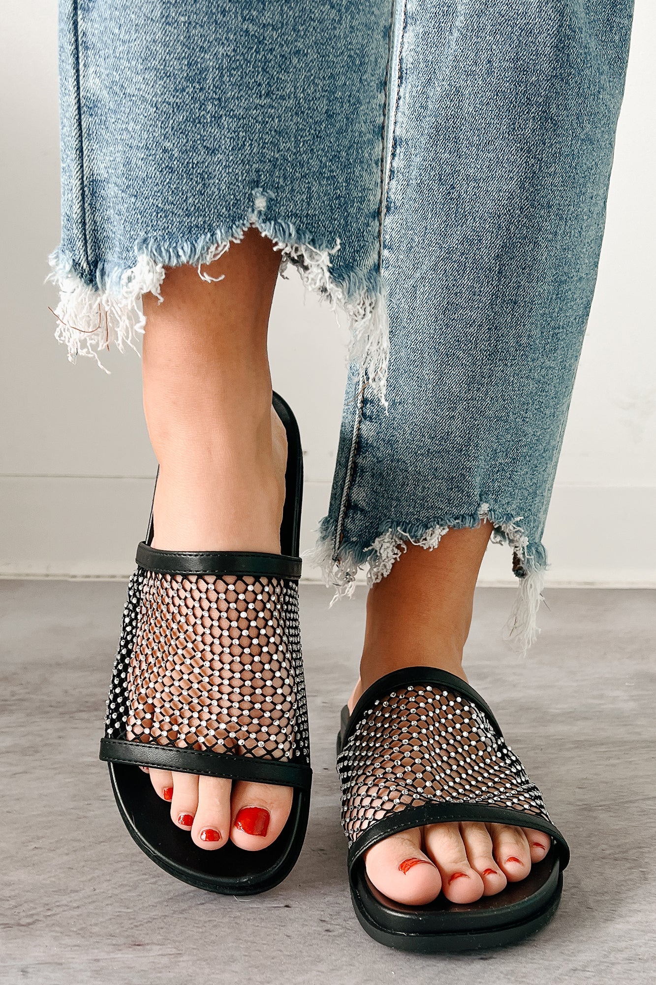 Shine On You Rhinestone Mesh Slide Sandals (Black)