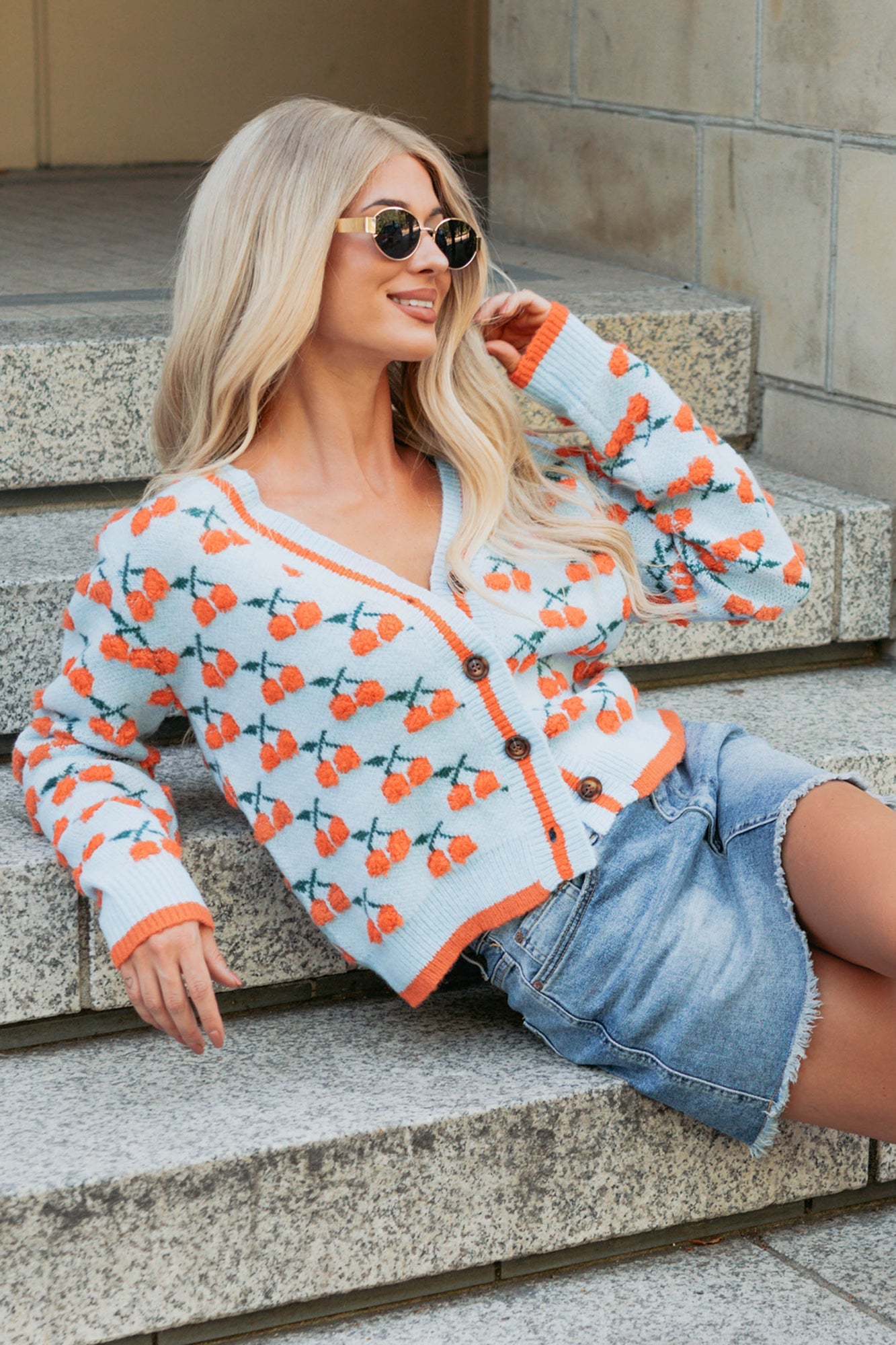 Vibrant Life Cherry Knit Cardigan (Light Blue/Orange)