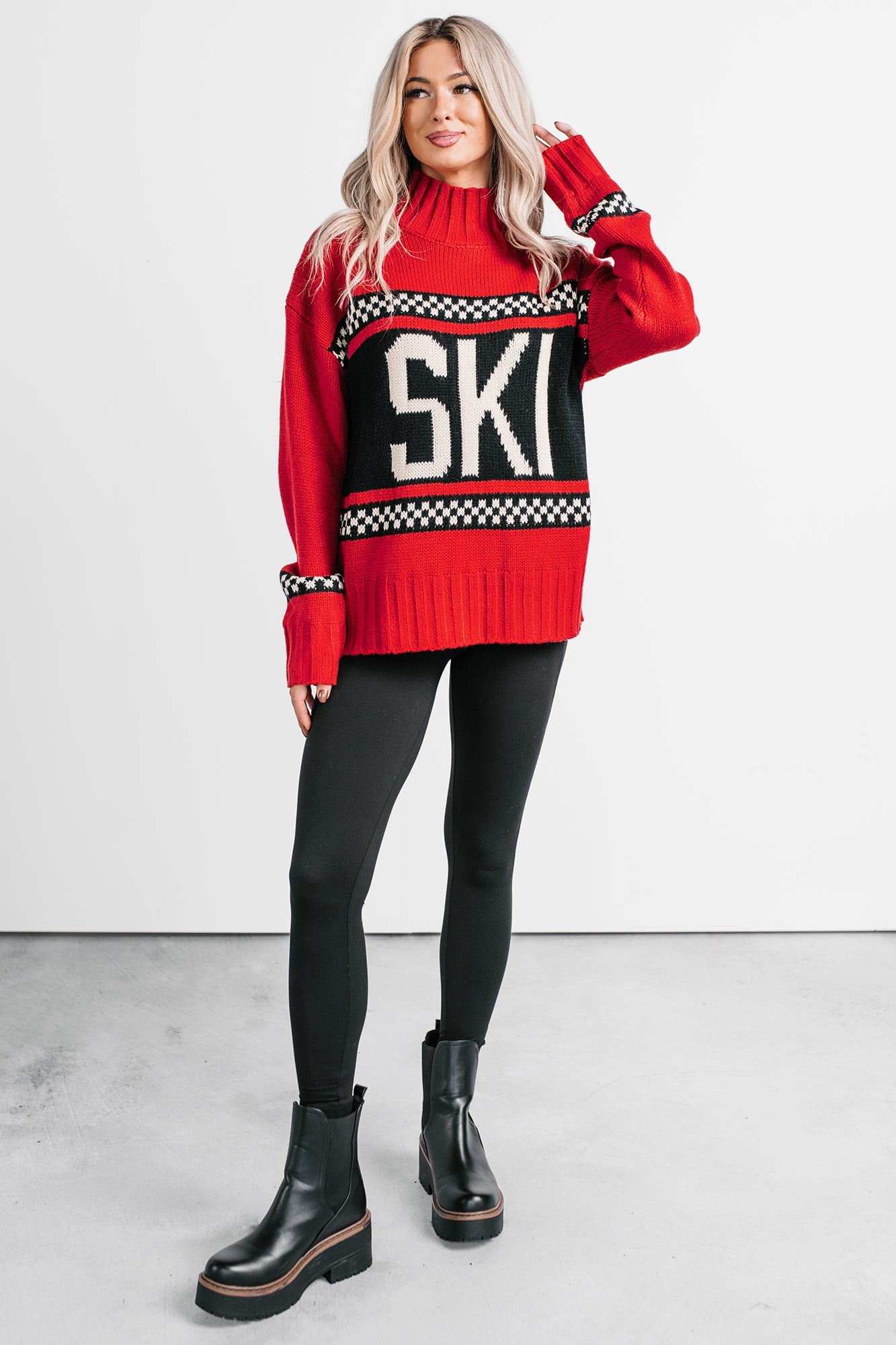 Ski You Later Graphic Mock Neck Sweater (Red)
