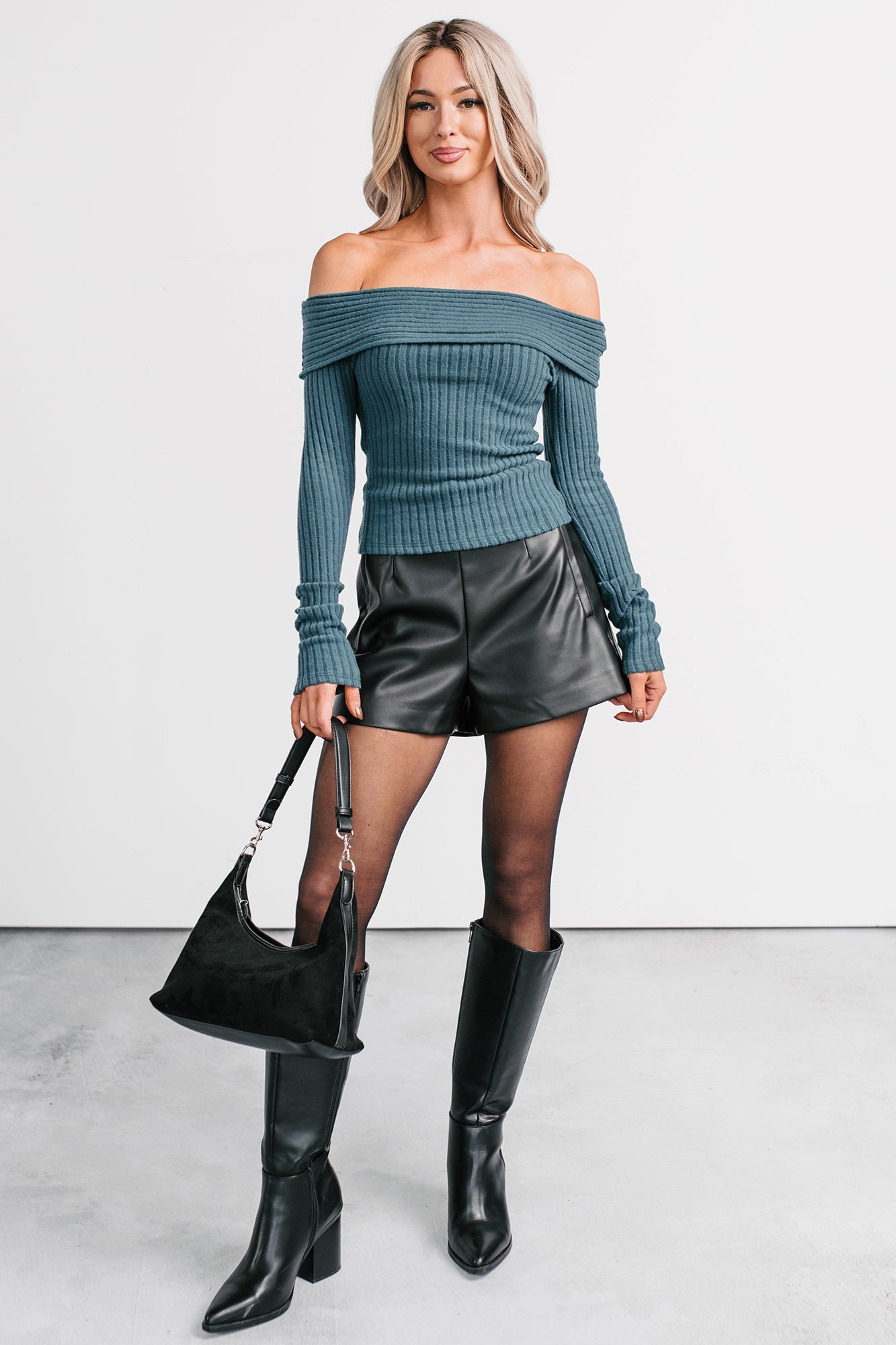 Risk It All Off-The Shoulder Ribbed Top (Sea Moss)