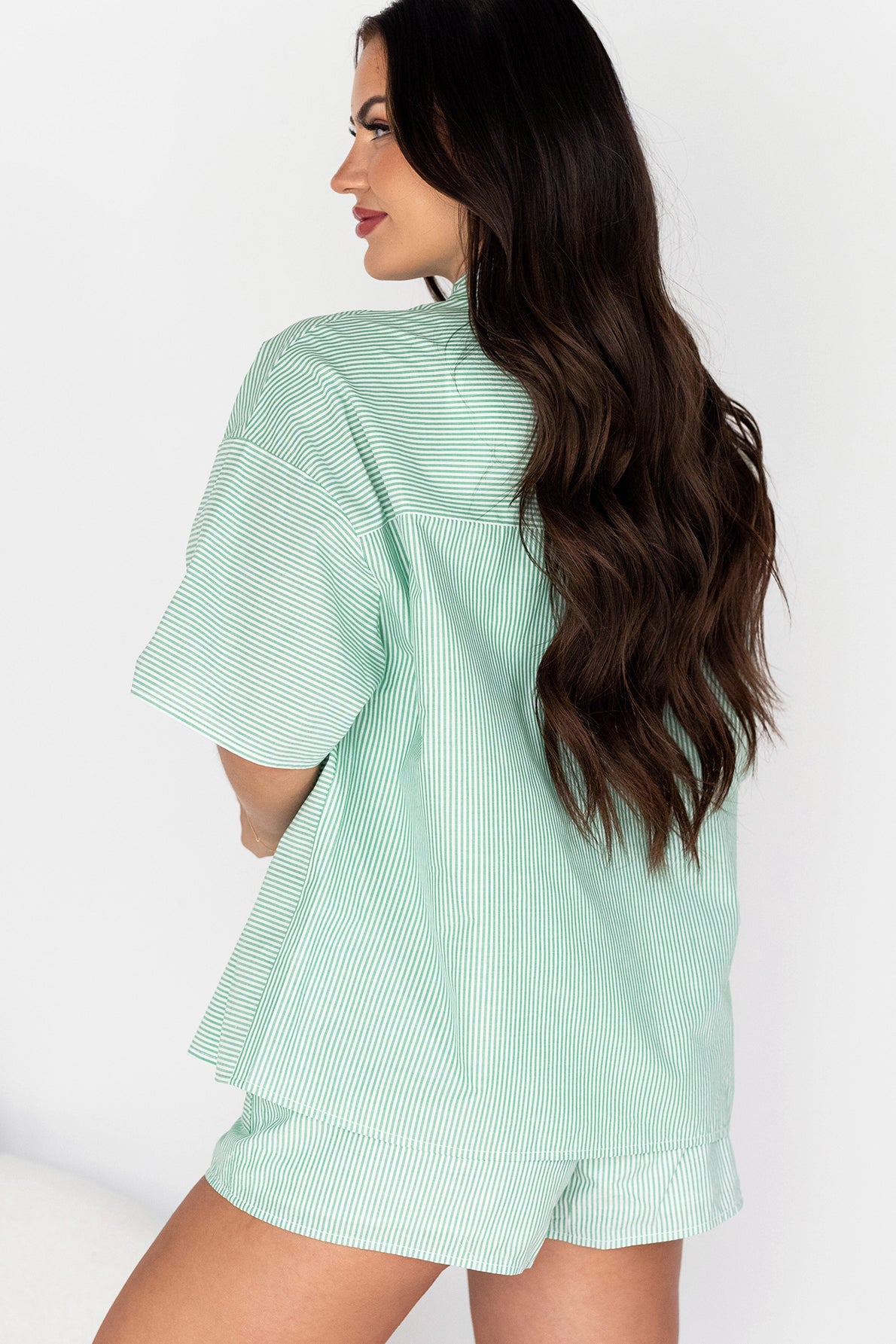 Sigrid Oversized Short Sleeve Button-Down (Green/White Stripe)