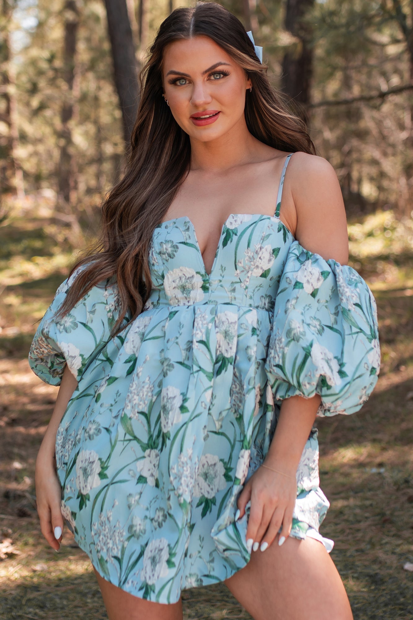 The Beauty Within Off The Shoulder Floral Mini Dress (Aqua Blue)