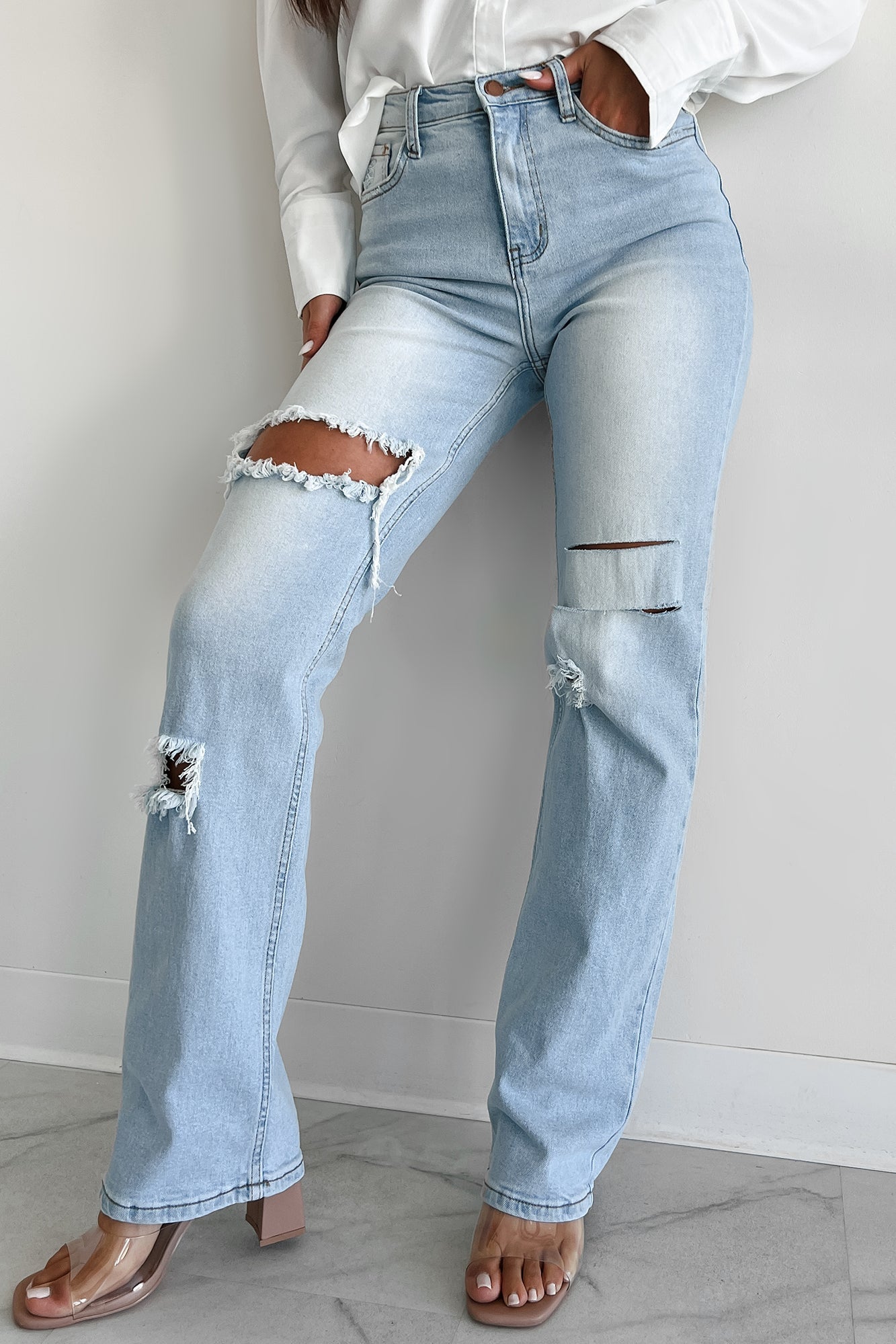 Only Good Days High Rise Distressed Wide Leg Jeans (Light)