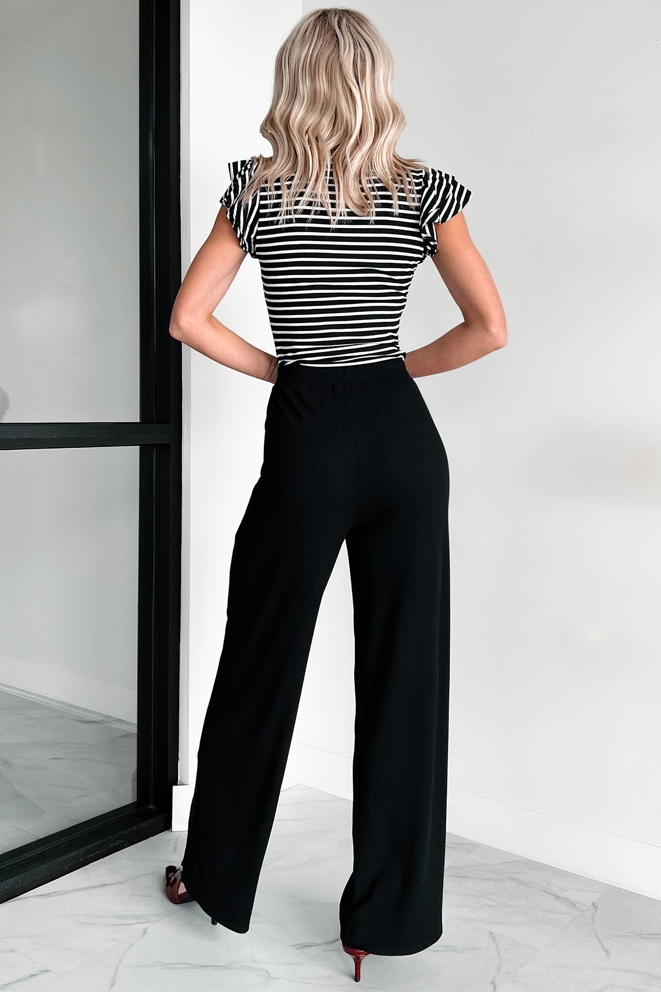 Sweet As Honey Ruffle Sleeve Striped Bodysuit (Black/White)