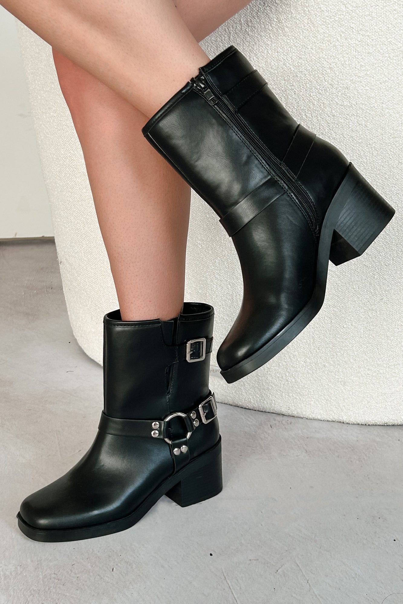 Tough As Nails Buckle Strap Chunky Biker Booties (Black)