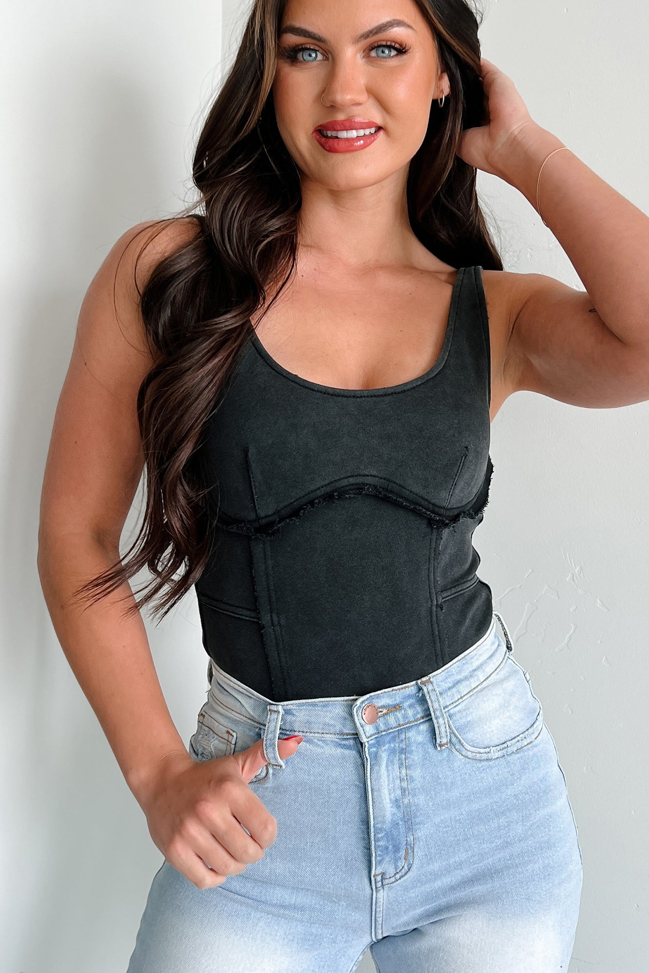 Rough Around The Edges Raw Edge Tank Bodysuit (Black)