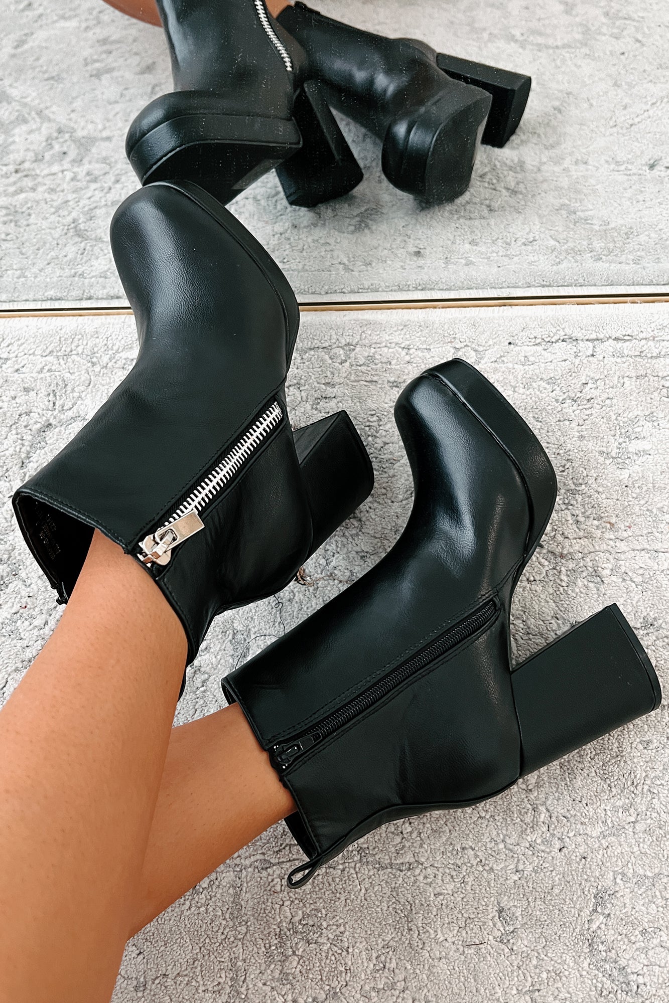 Straight Facts Zipper Detail Platform Booties (Black)