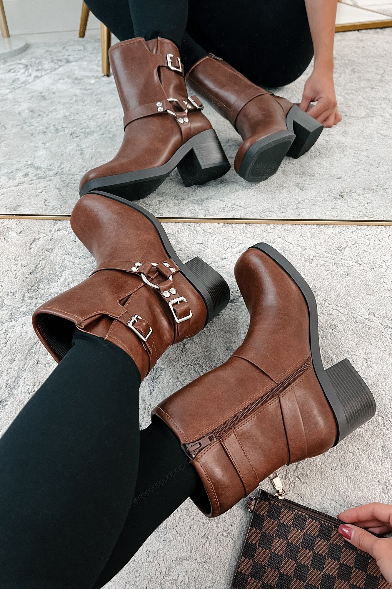 Tough As Nails Buckle Strap Chunky Biker Booties (Brown)