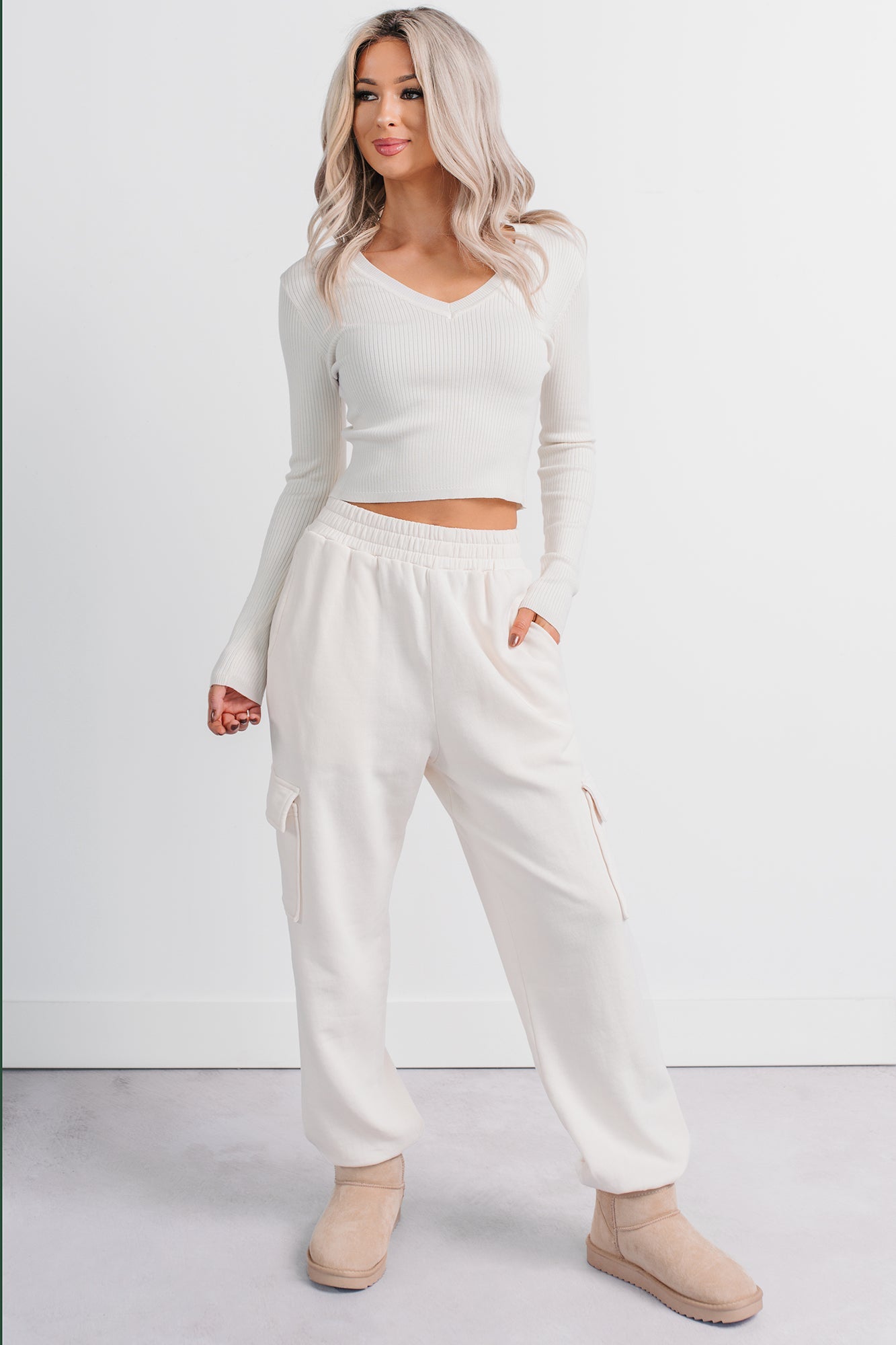 Practicing Patience Fleece Cargo Joggers (Ivory)