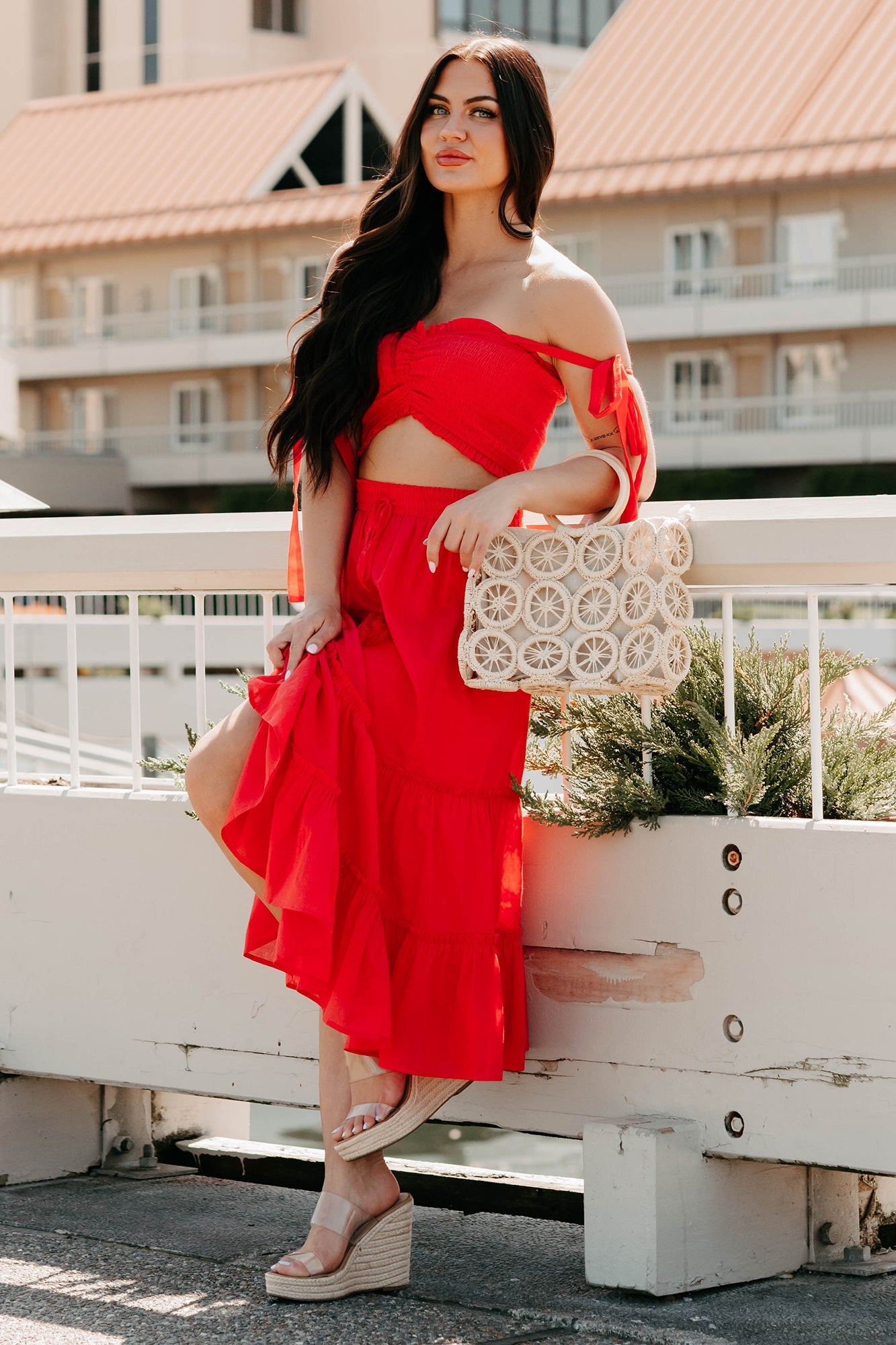 Soulful Glow Crop Top & Midi Skirt Set (Red)