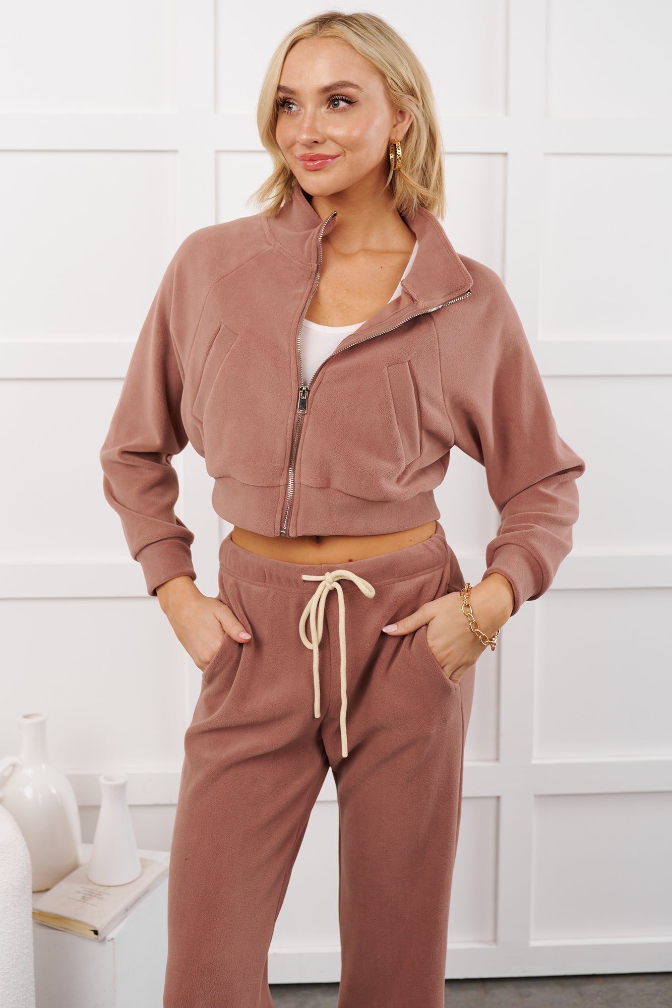 Retro Refresh Hooded Fleece Track Jacket (Wood Rose)