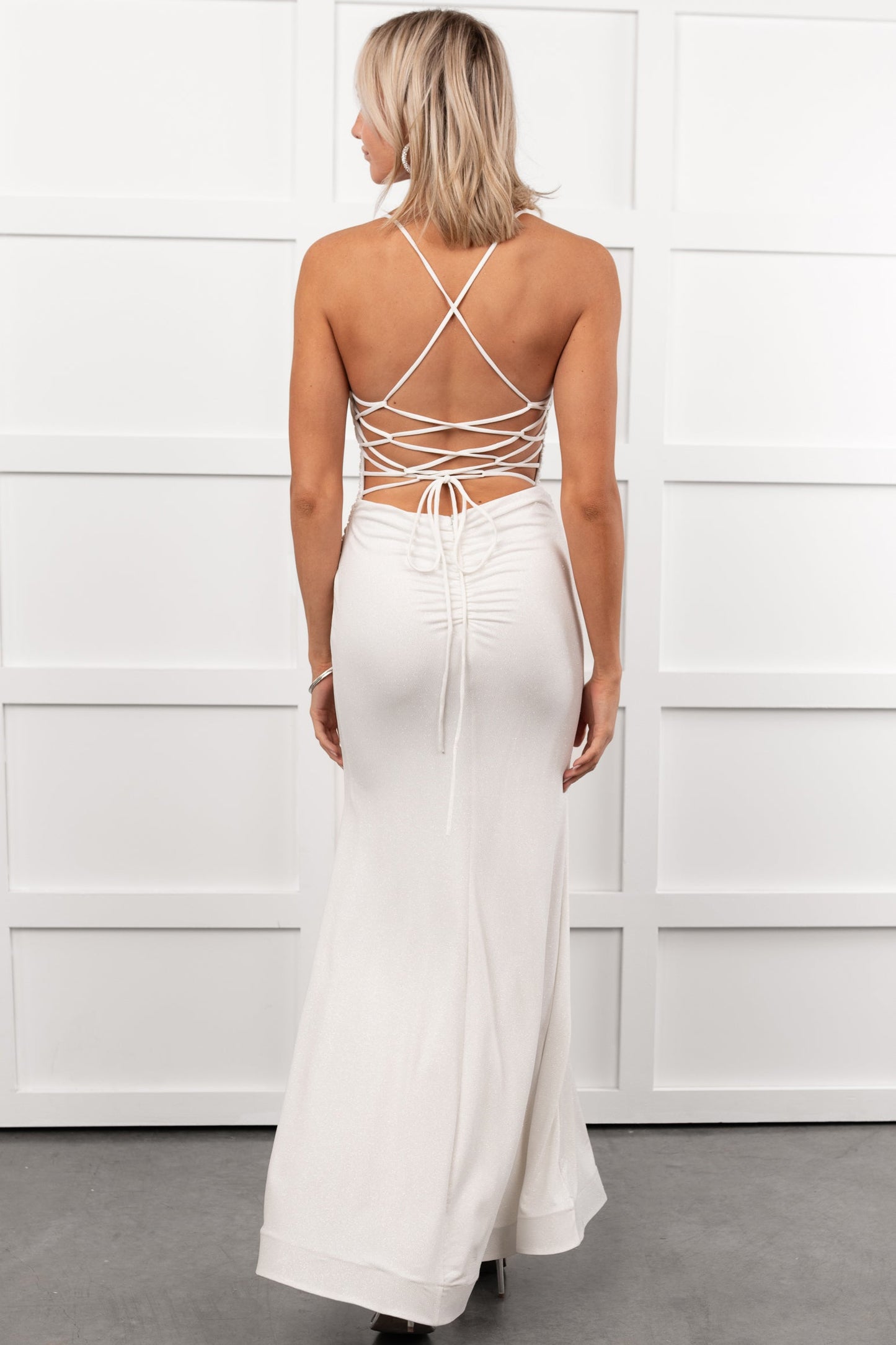 Signature Elegance Asymmetric Rhinestone Maxi Dress (Off White)