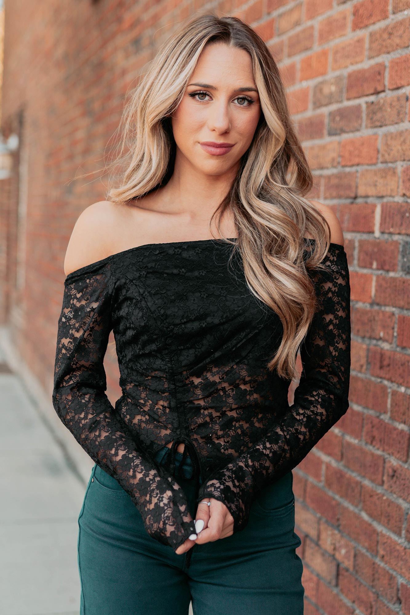 Up To Standard Ruched Lace Asymmetric Top (Black)