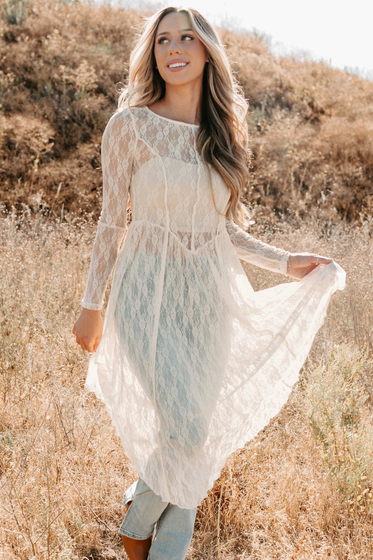 Spirit Dances Sheer Lace Midi Layering Dress (Ecru)