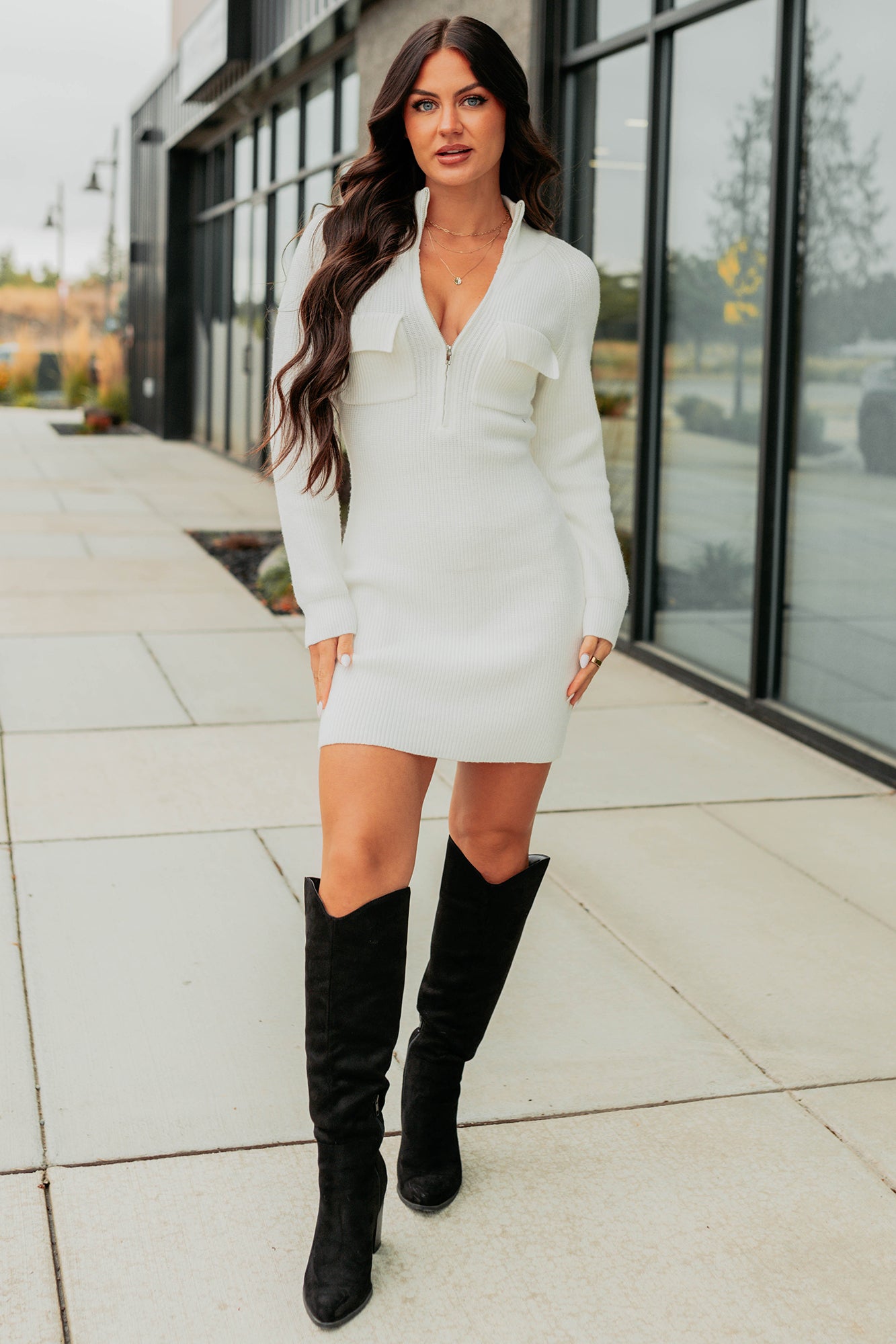 Stillness Speaks Half-Zip FORE Sweater Dress (White)
