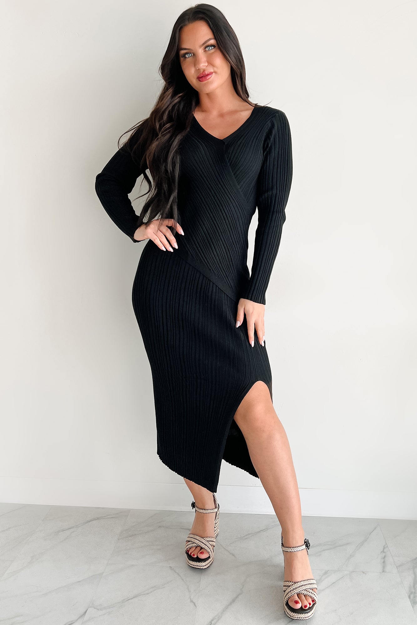 Sunday Brunch Ribbed Long Sleeve Maxi Dress (Black)