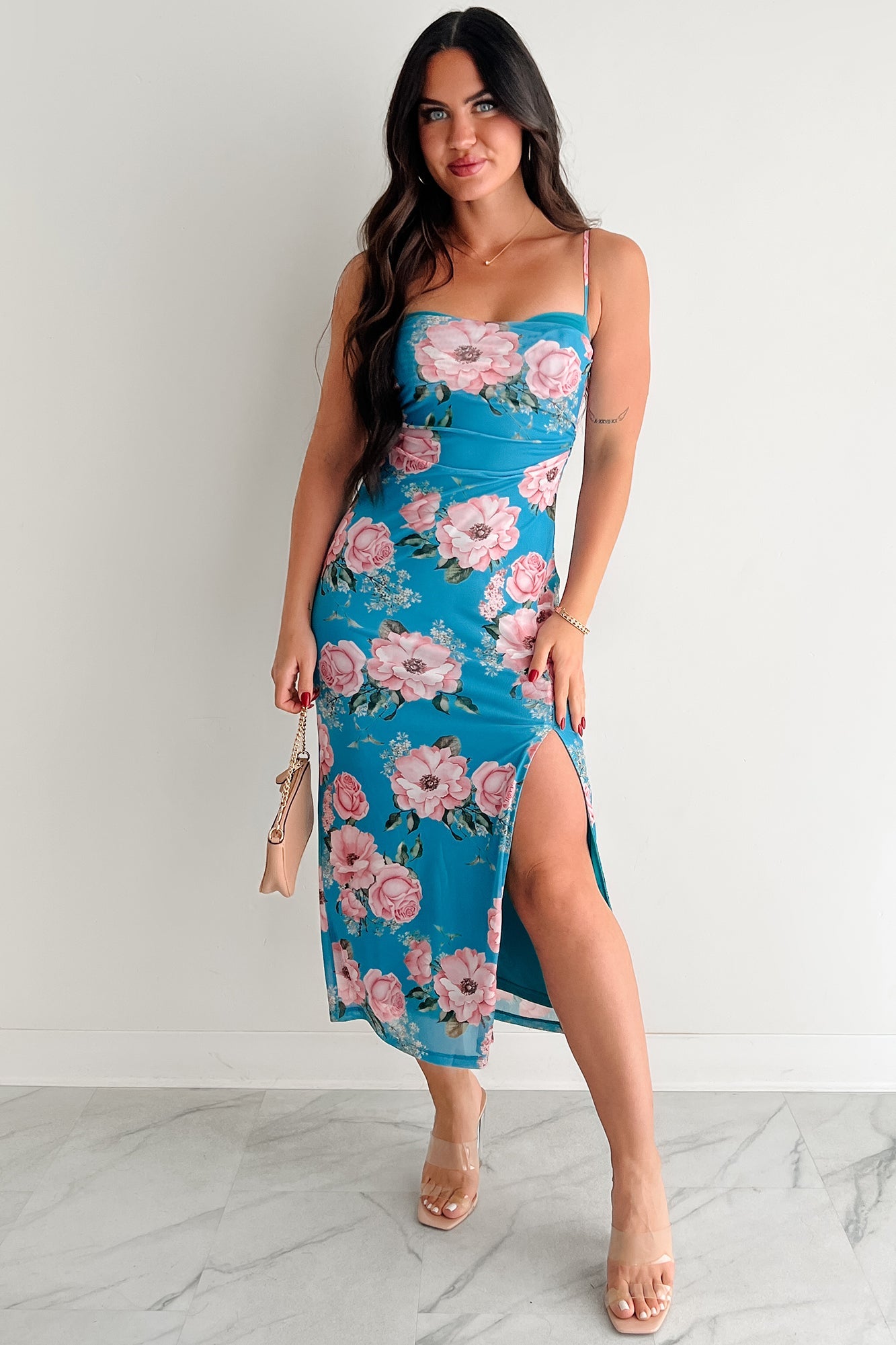 Own The Mood Sleeveless Floral Midi Dress (Teal)