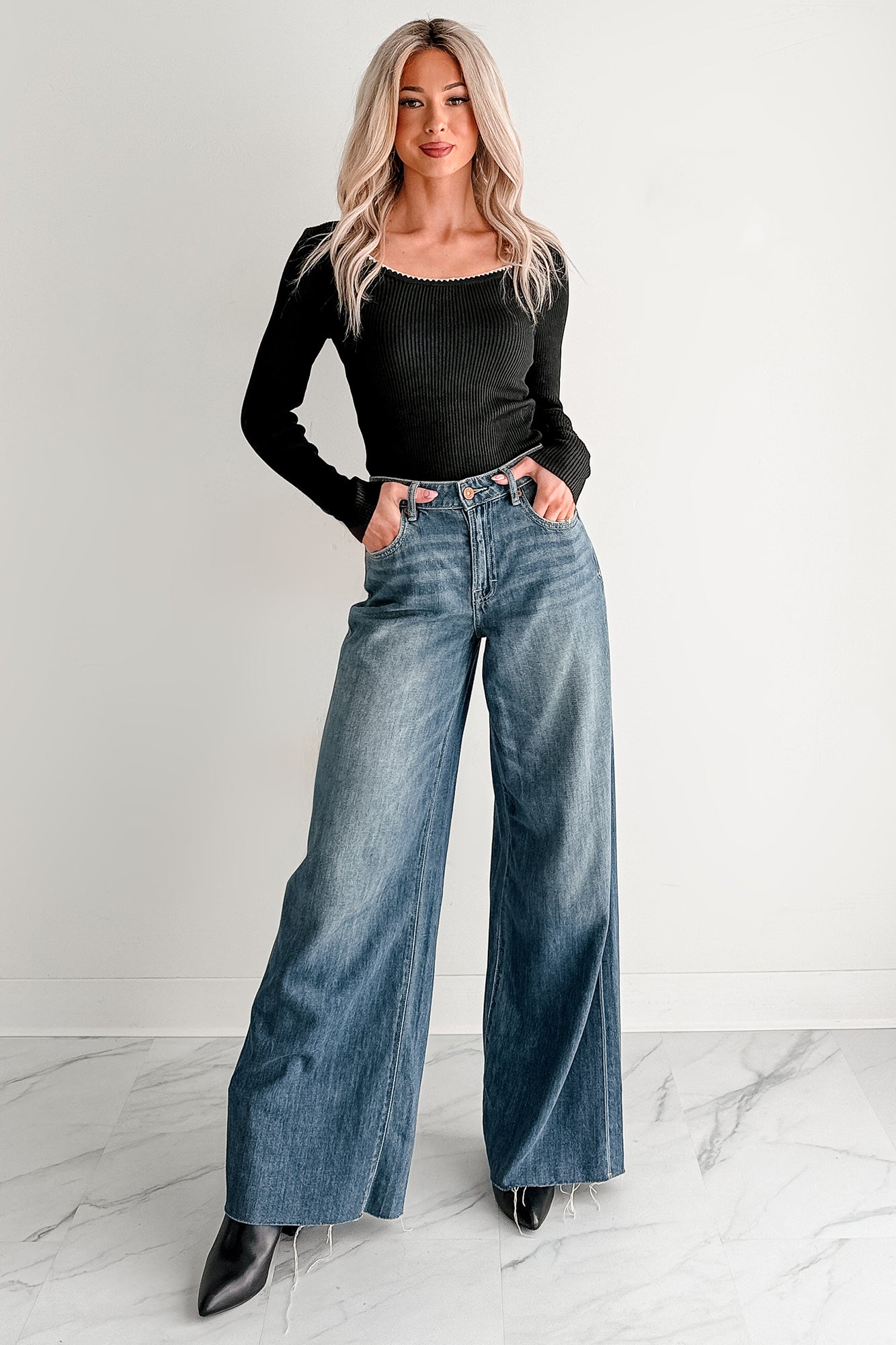 Piece Of Me Rib Knit Contrast Stitch Fitted Long Sleeve Top (Black)