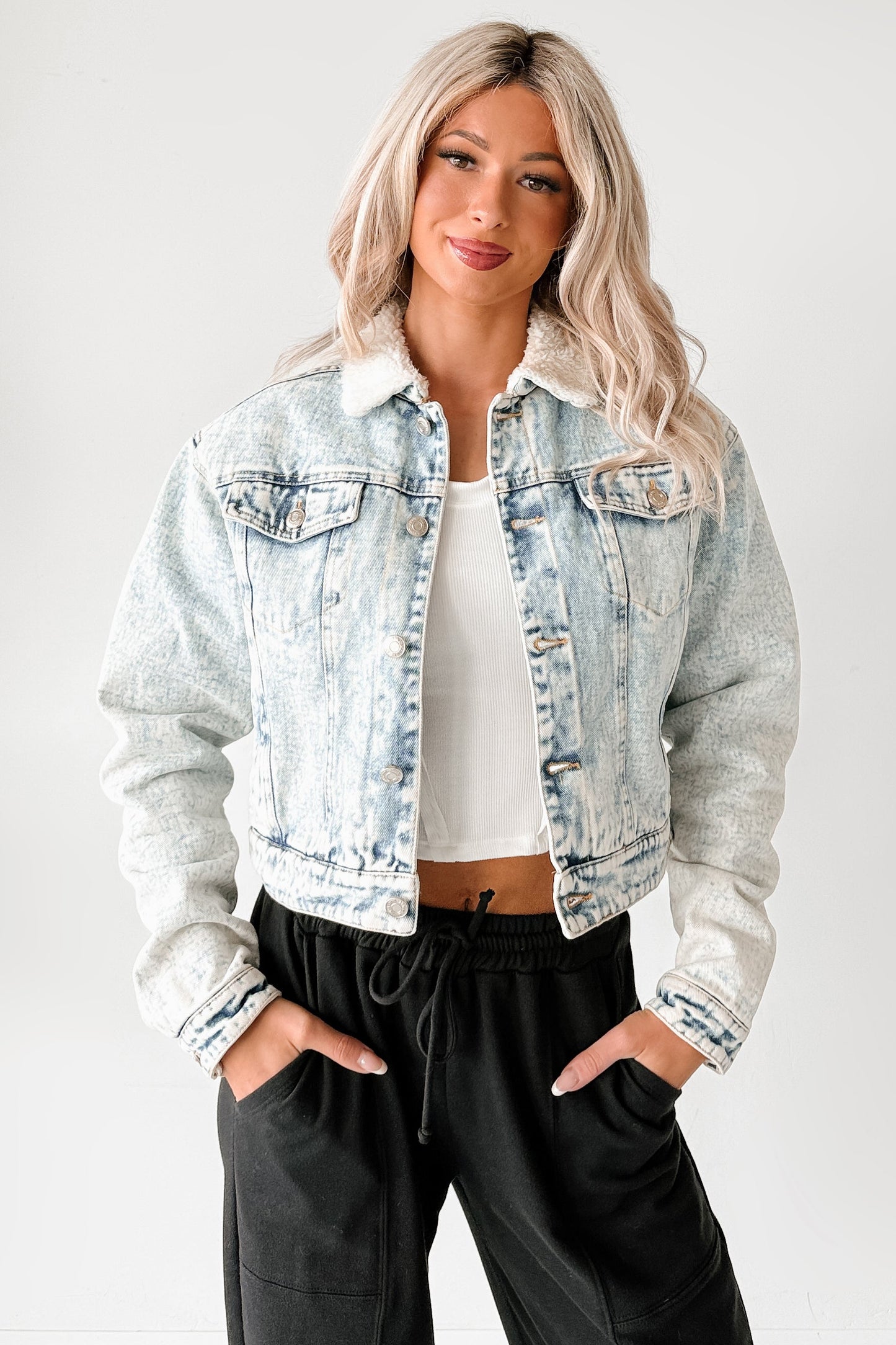 Wintry Whispers Sherpa Denim Jacket (Acid Blue)
