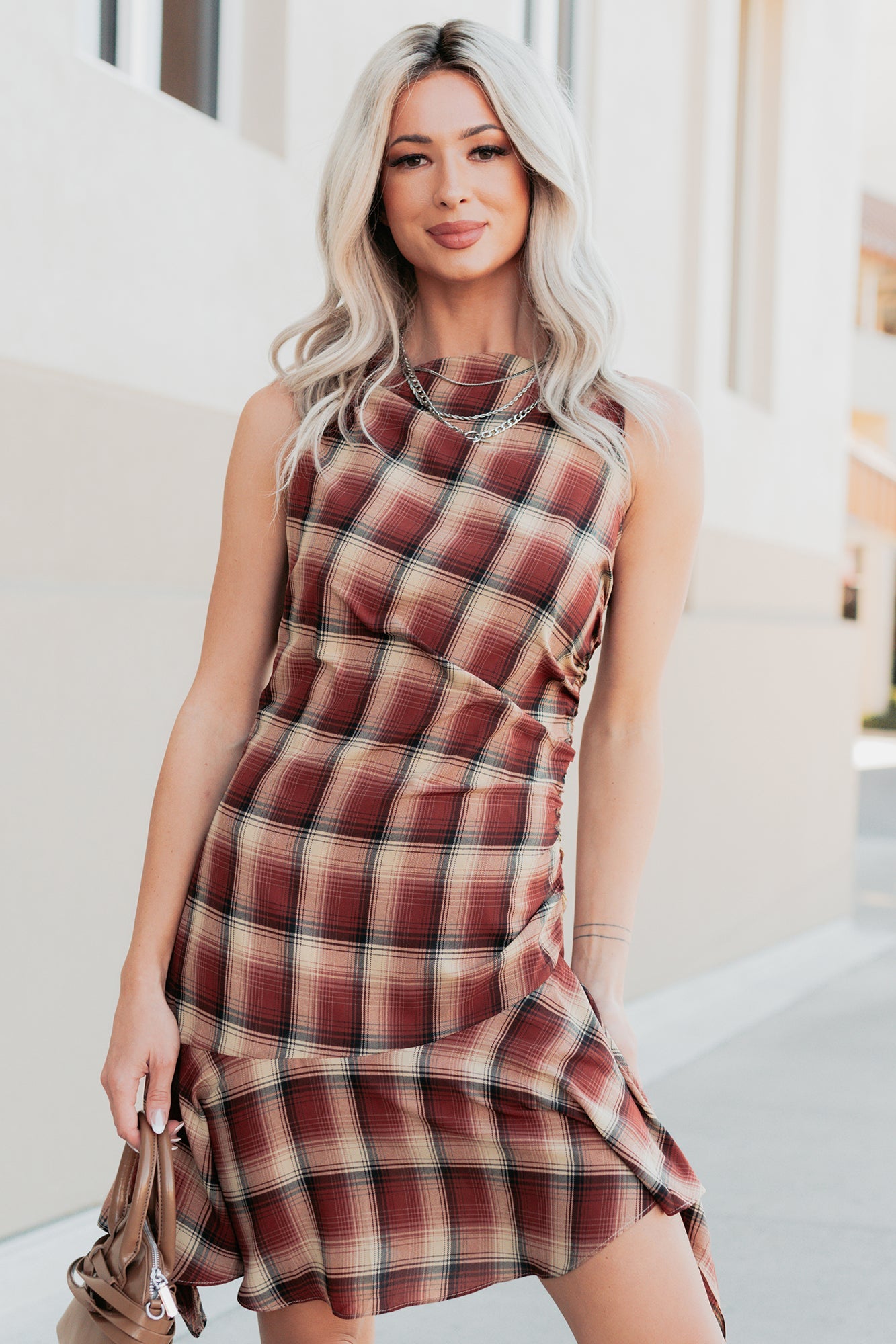 Purely Hers Sleeveless Plaid Mini Dress (Rust Plaid)