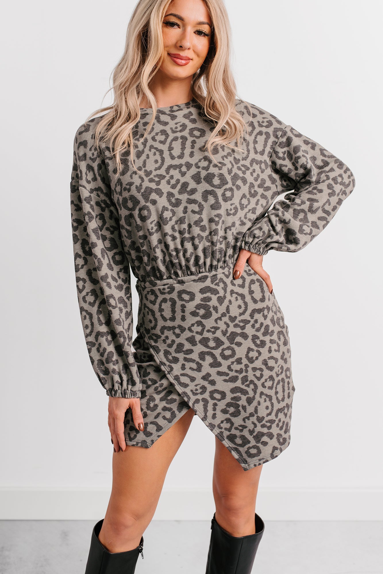 Little Miss Bossy Asymmetric Mini Dress (Grey Leopard)