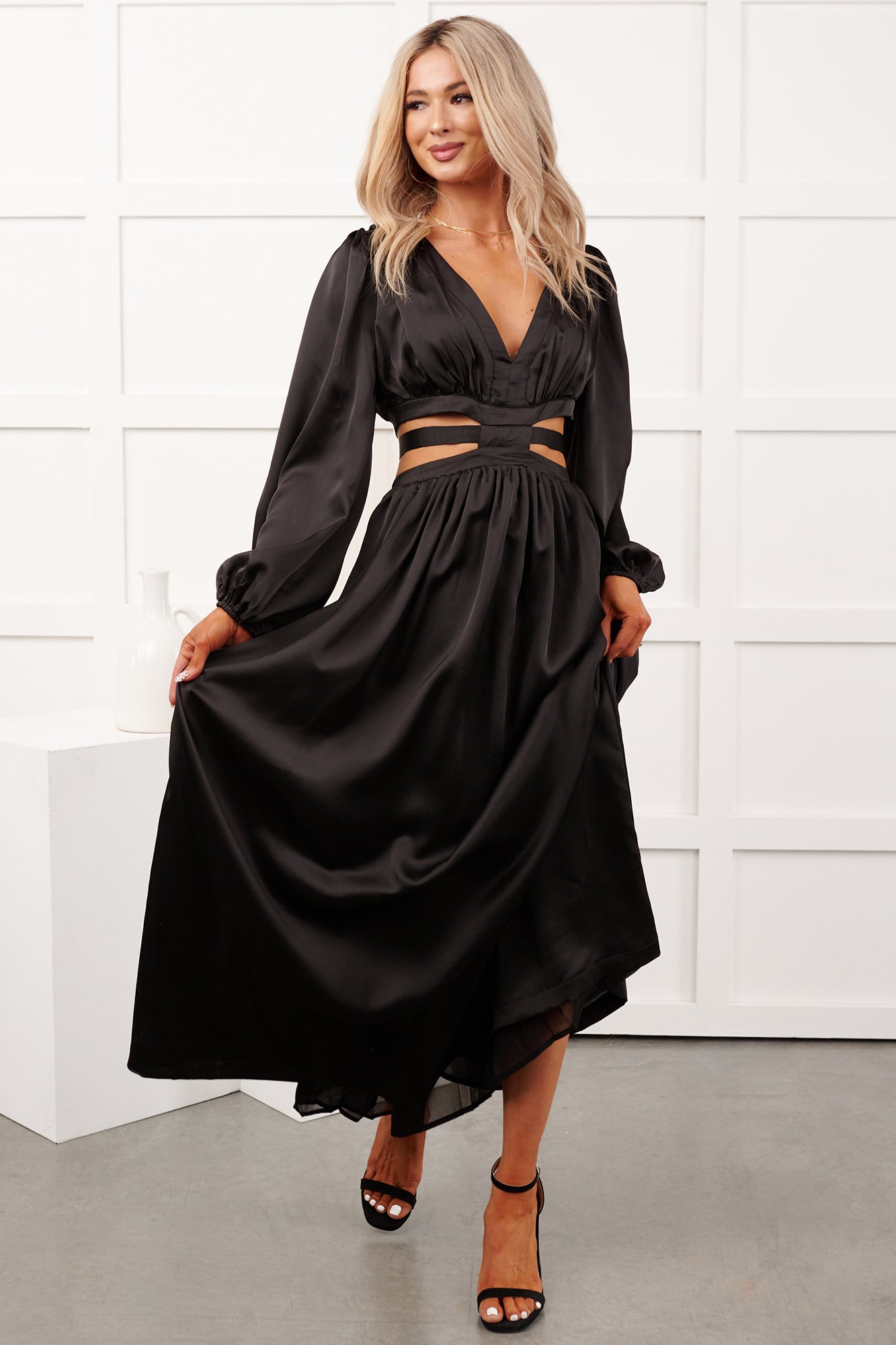 Pure Glamour Long Sleeve Satin Maxi Dress (Black)