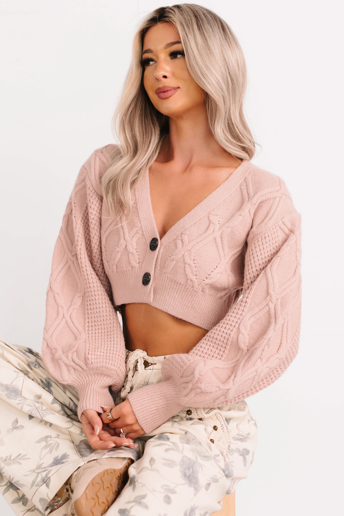 True Escapism Cropped Cable Knit Cardigan (Pink)