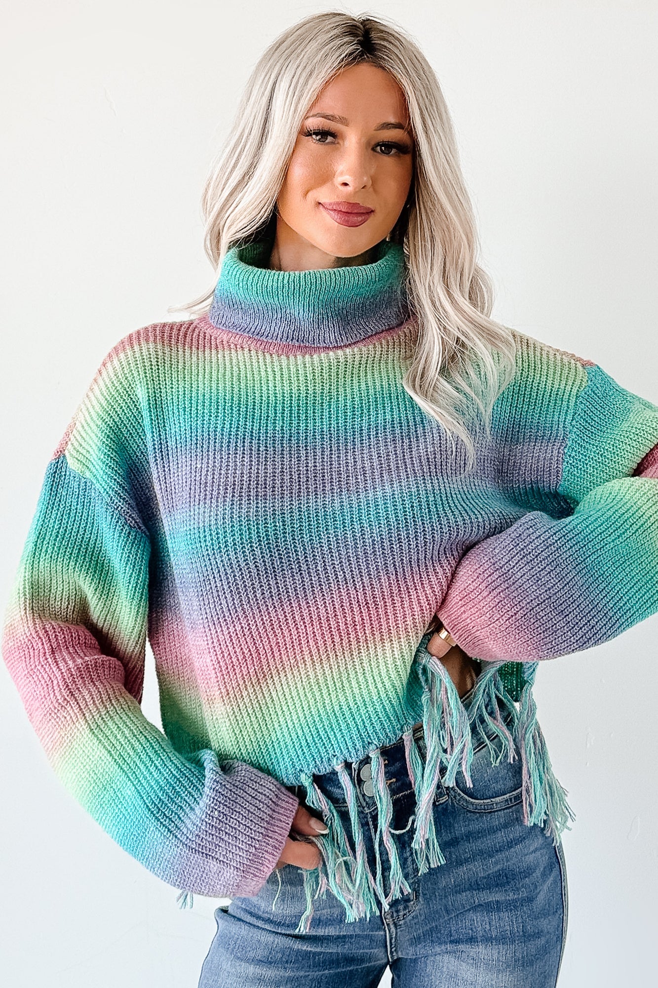 Life In Color Ombre Stripe Tassel Sweater (Sage Rainbow)