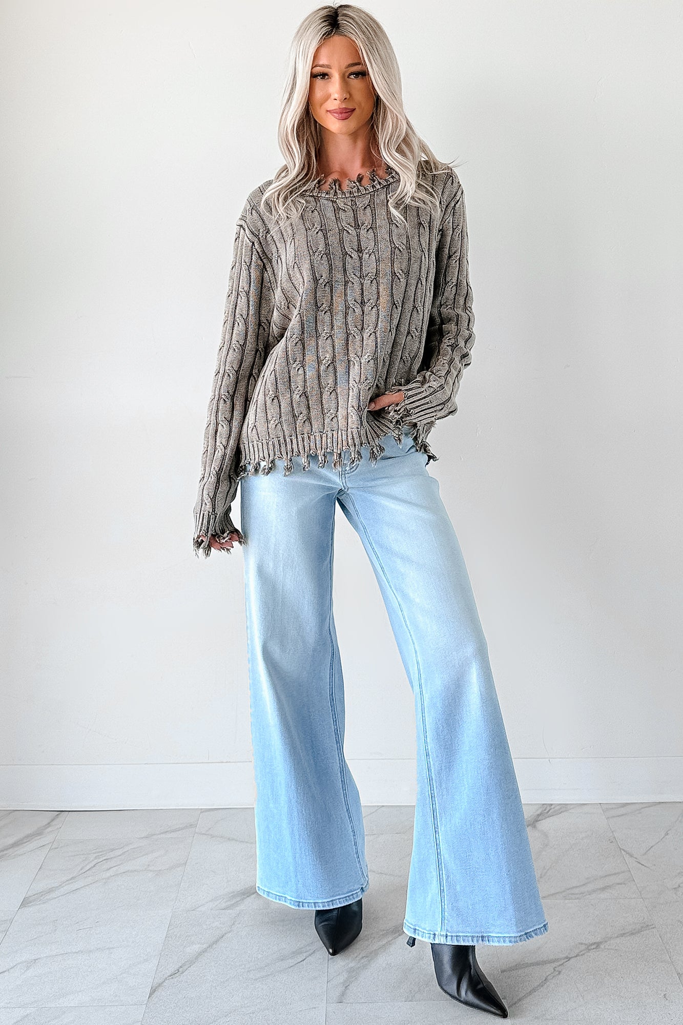 Unwritten Future Cable Knit Fringe Zenana Sweater (Brown)