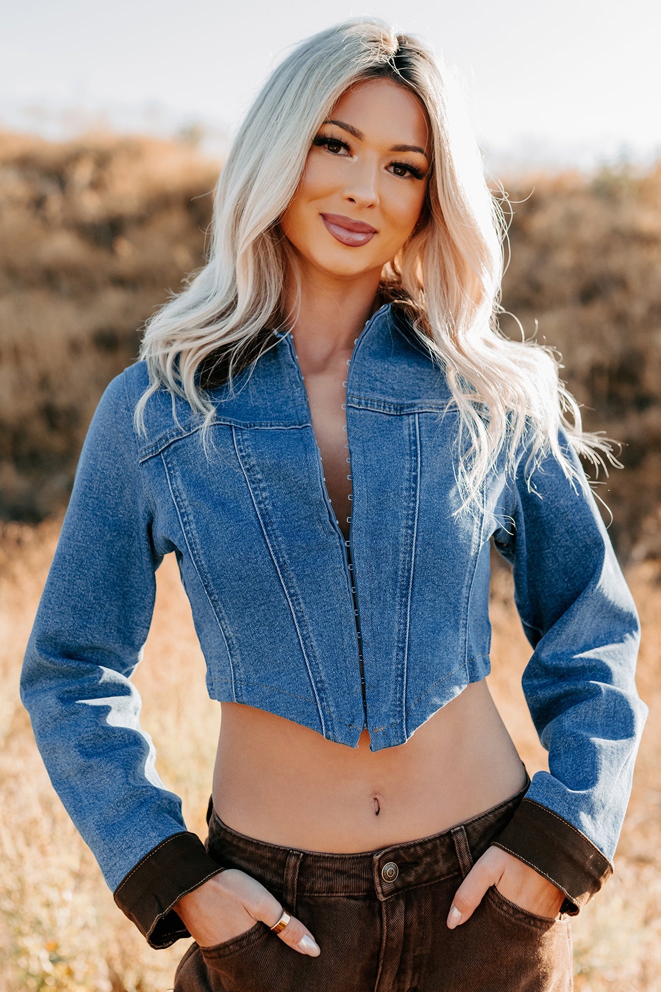 Peachy Prairie Cropped Denim Corset Jacket (Medium)