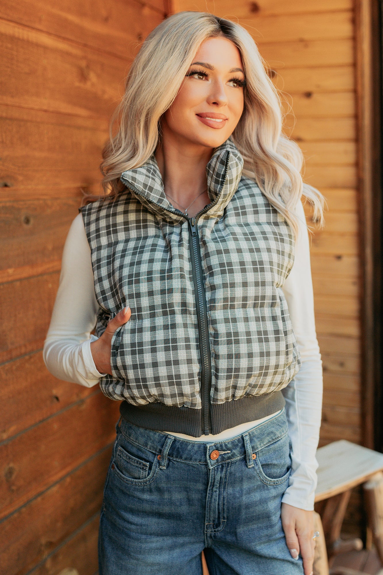 Polished Presence Plaid Puffer Vest (Olive)