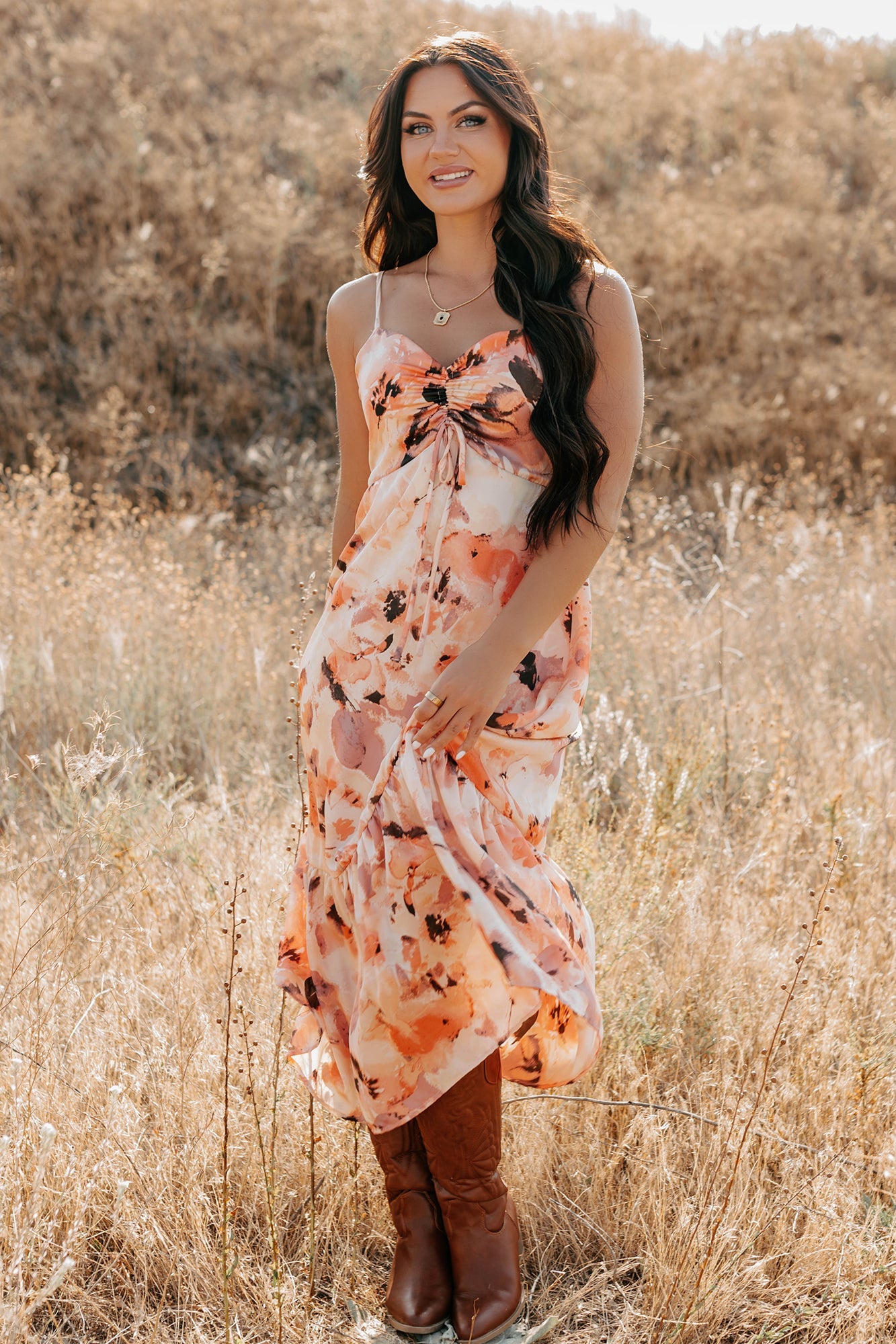 Slay Softly Sleeveless Floral Midi Dress (Peach/Multi)
