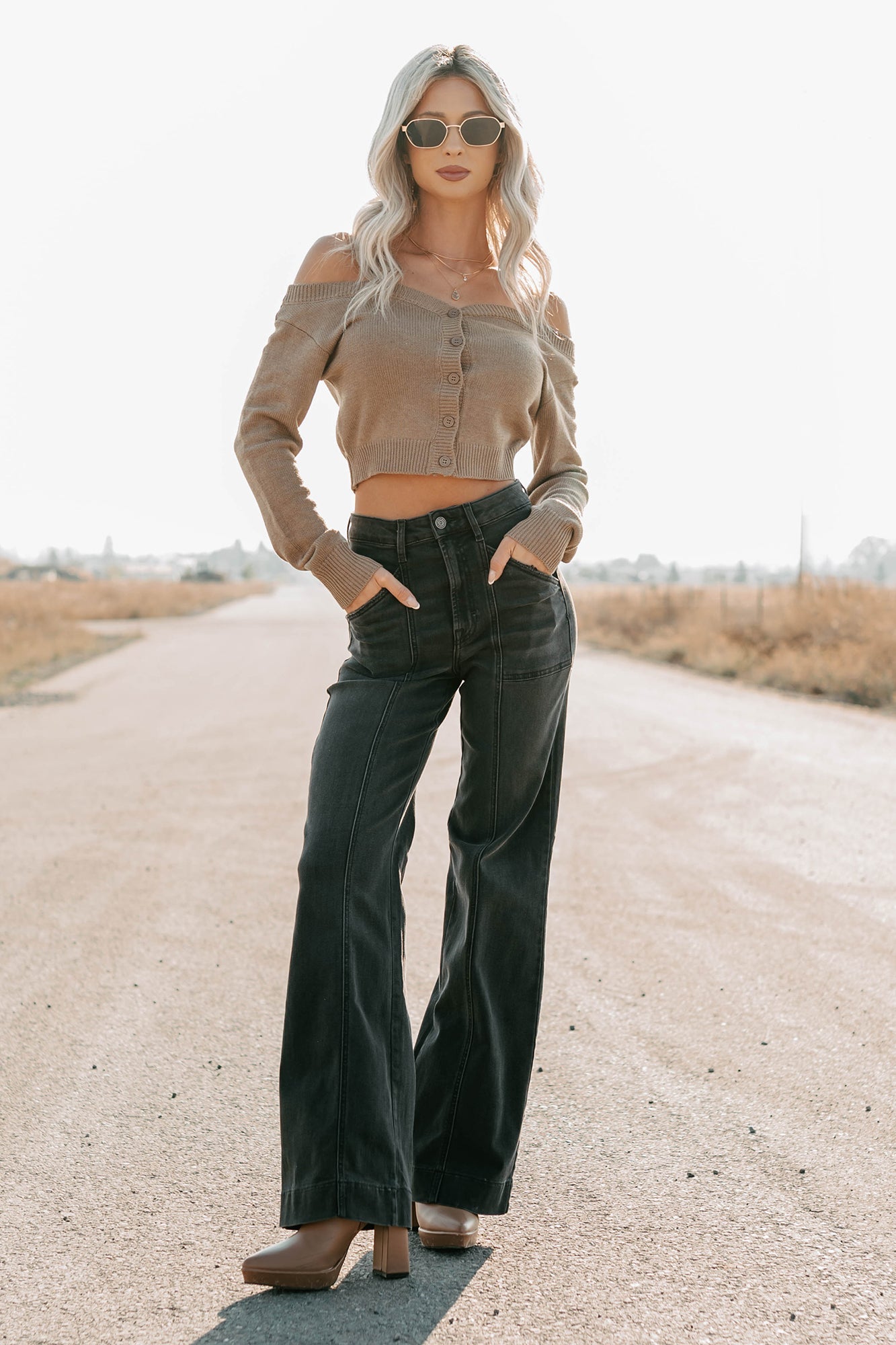 Stay Mine Off The Shoulder Buttoned Sweater Top (Dark Taupe)