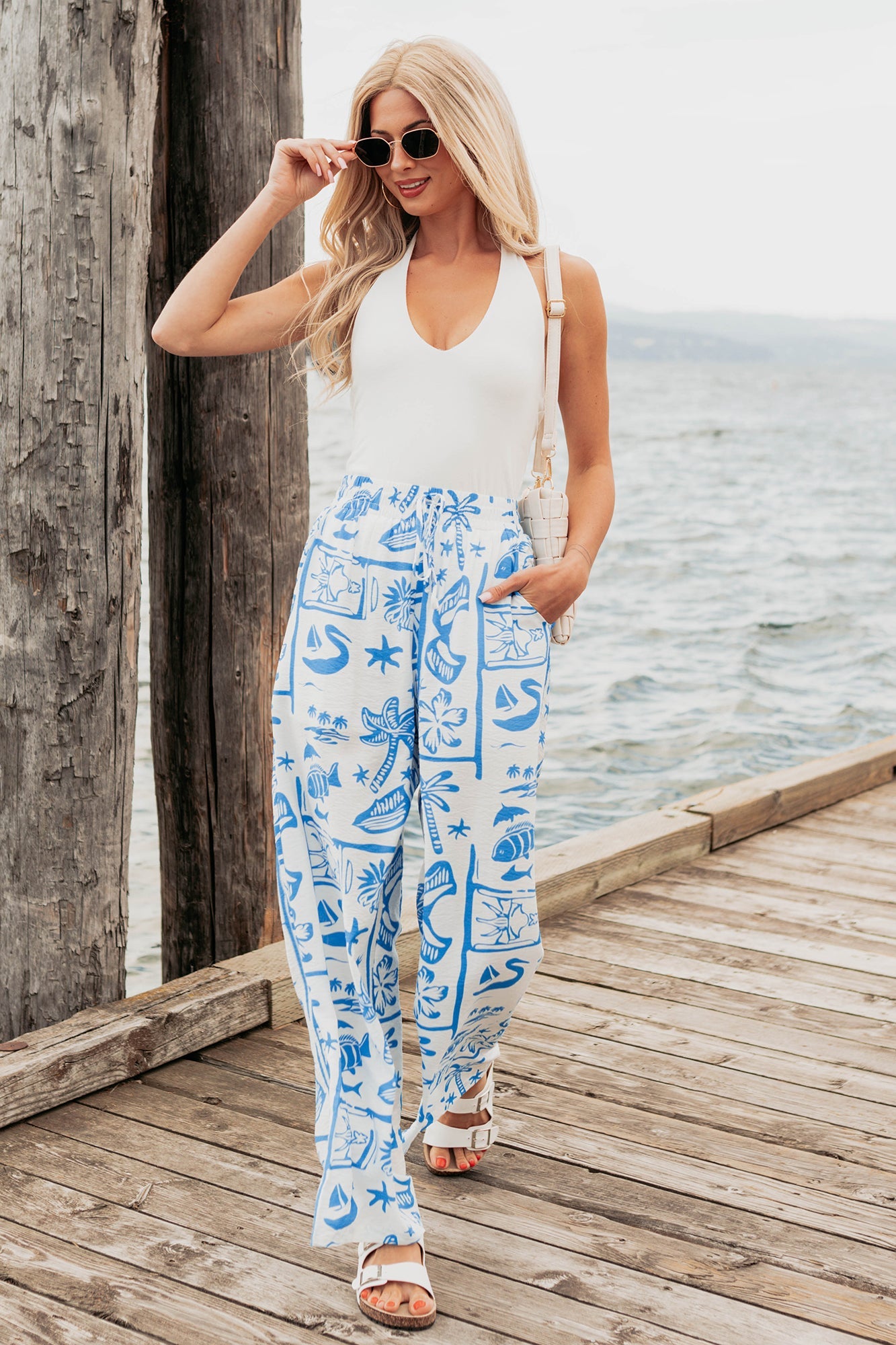 Saltwater Serenade Tropical Pattern Wide Leg Pants (Blue)