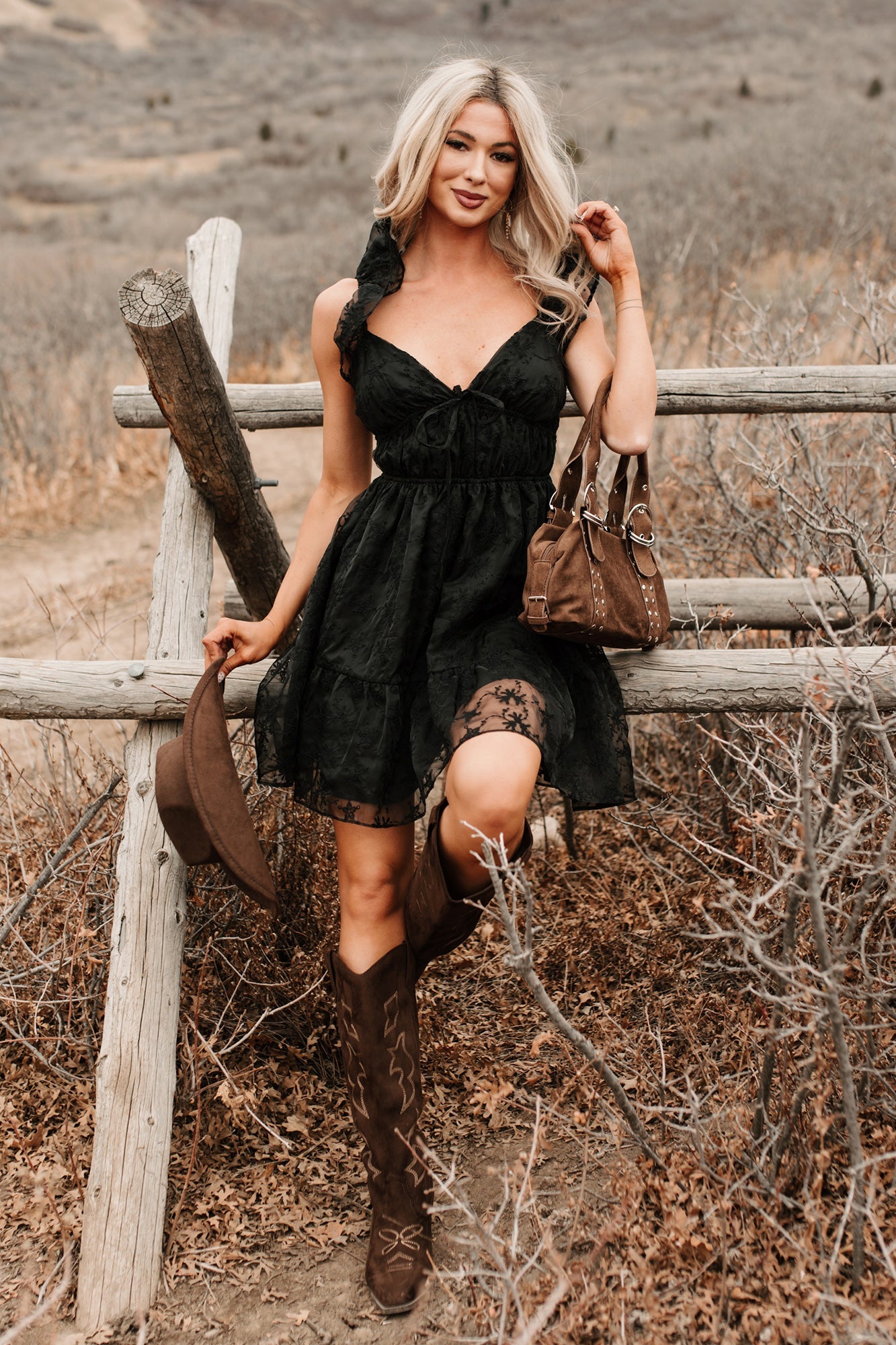 Petals In The Sun Chiffon Embroidered Mini Dress (Black)