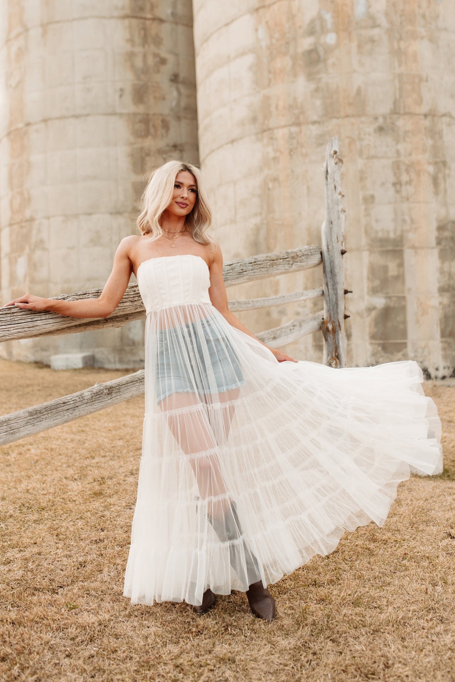 Stay Resilient Tiered Mesh Corset Maxi Dress (Cream)