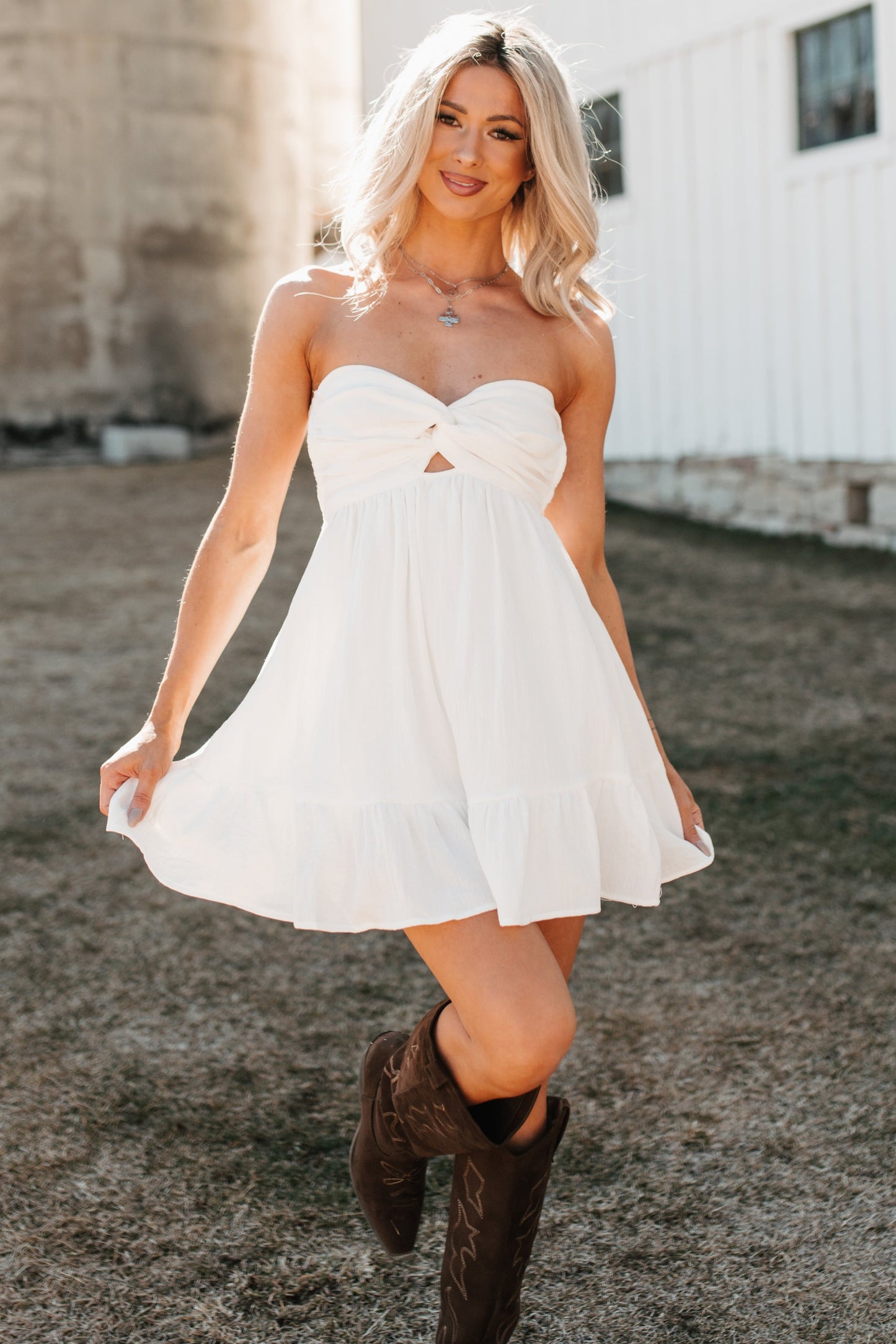 Sunshine Hour Twist Front Strapless Mini Dress (White)
