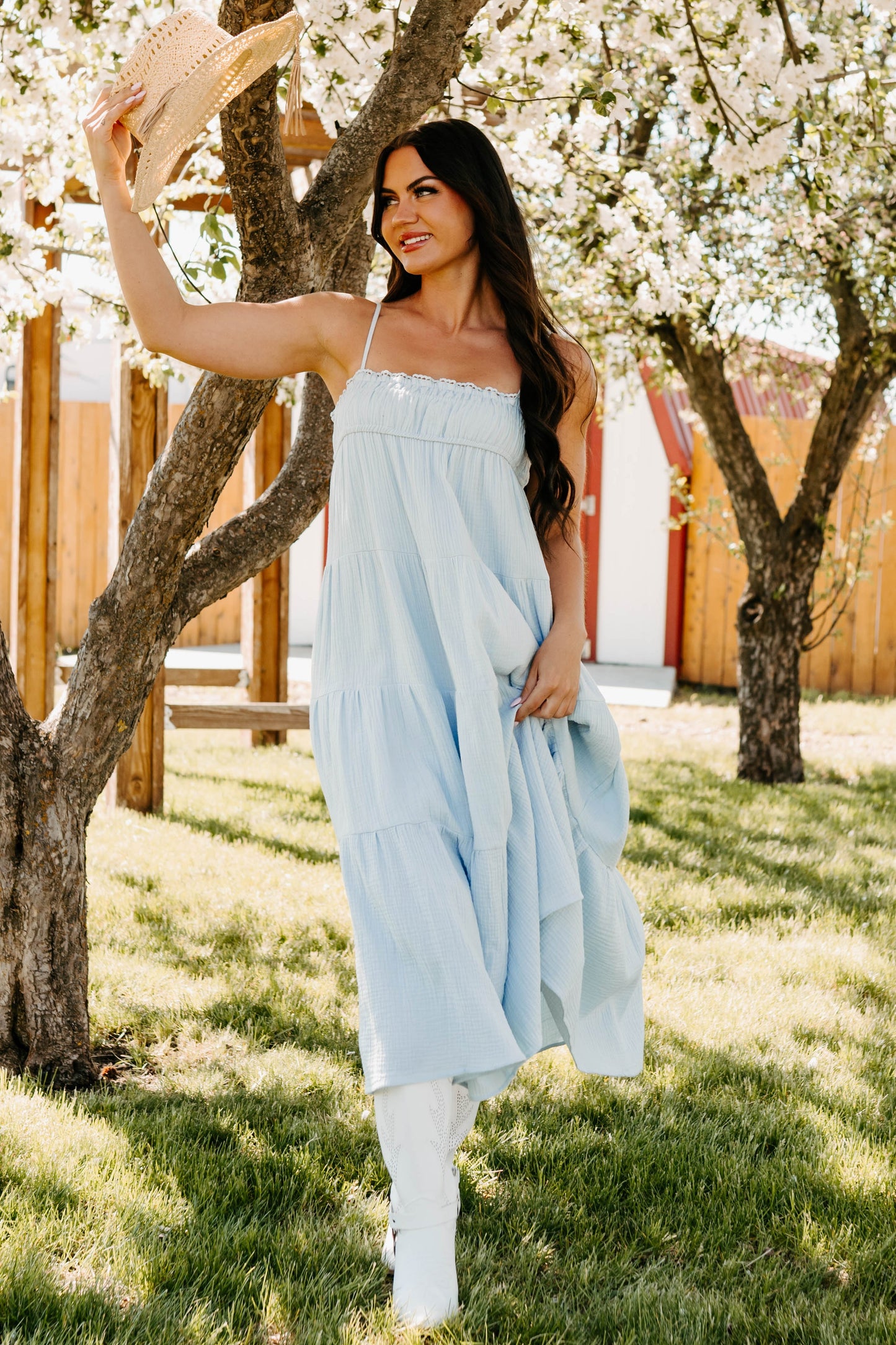 Twilight Glow Sleeveless Tiered Maxi Dress (Light Blue)