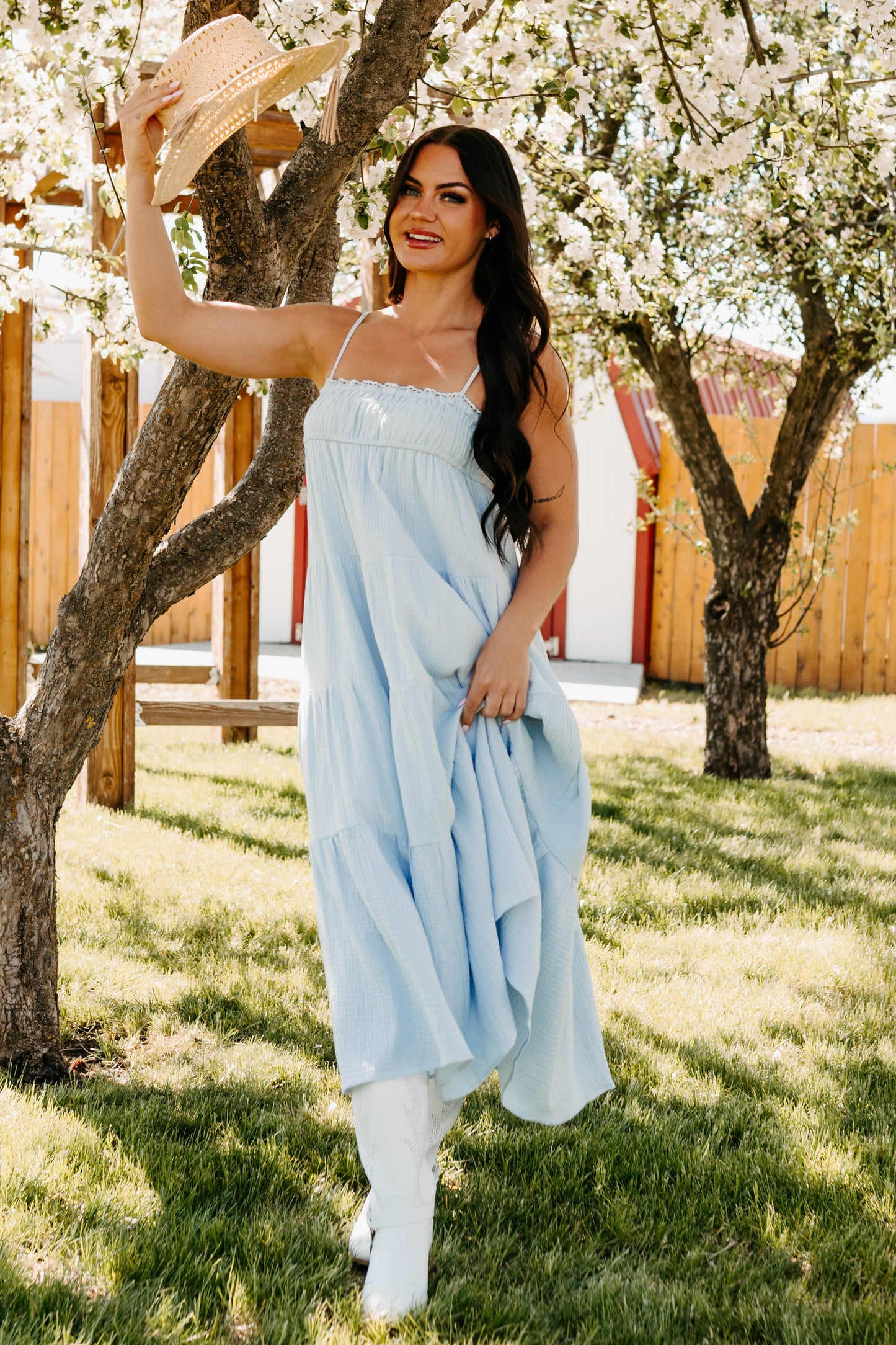 Twilight Glow Sleeveless Tiered Maxi Dress (Light Blue)