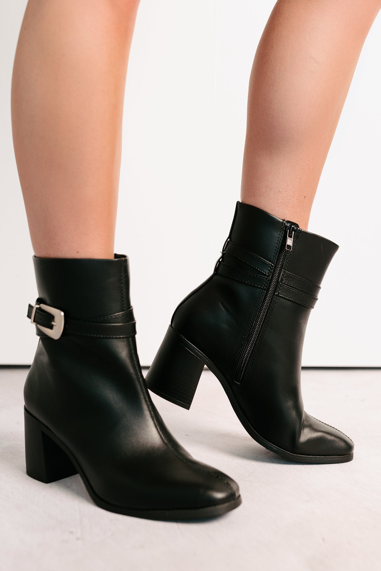 Step In Style Faux Leather Buckle Detail Booties (Black)