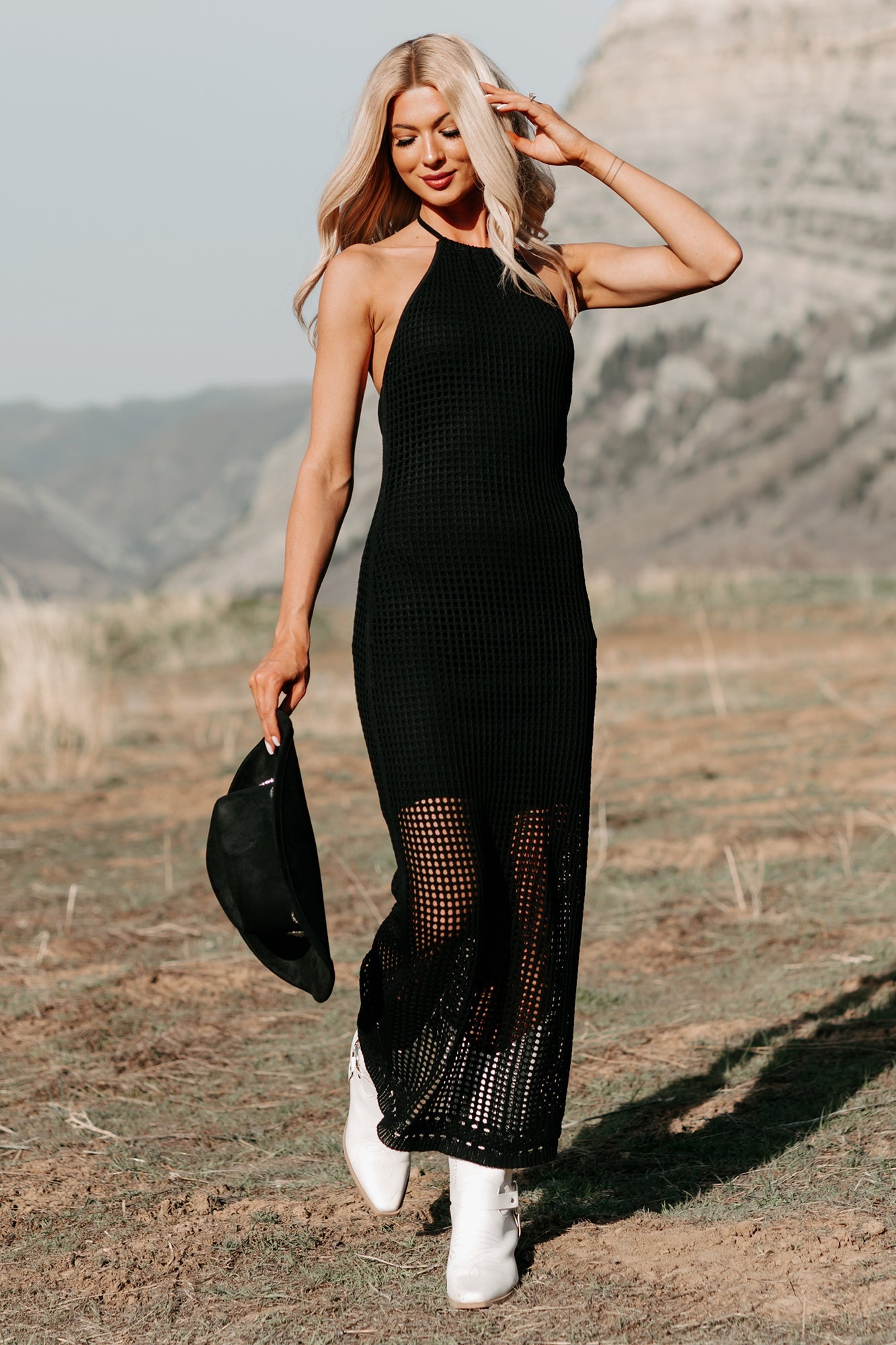 Seeking Peace Halter Crochet Midi Dress (Black)